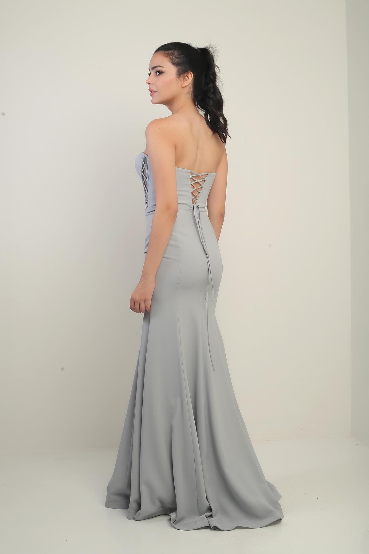 S-24Y0490017Kadın Straplez Arkası Bağcıklı Astarlı Balenli Uzun Balık Abiye Elbise