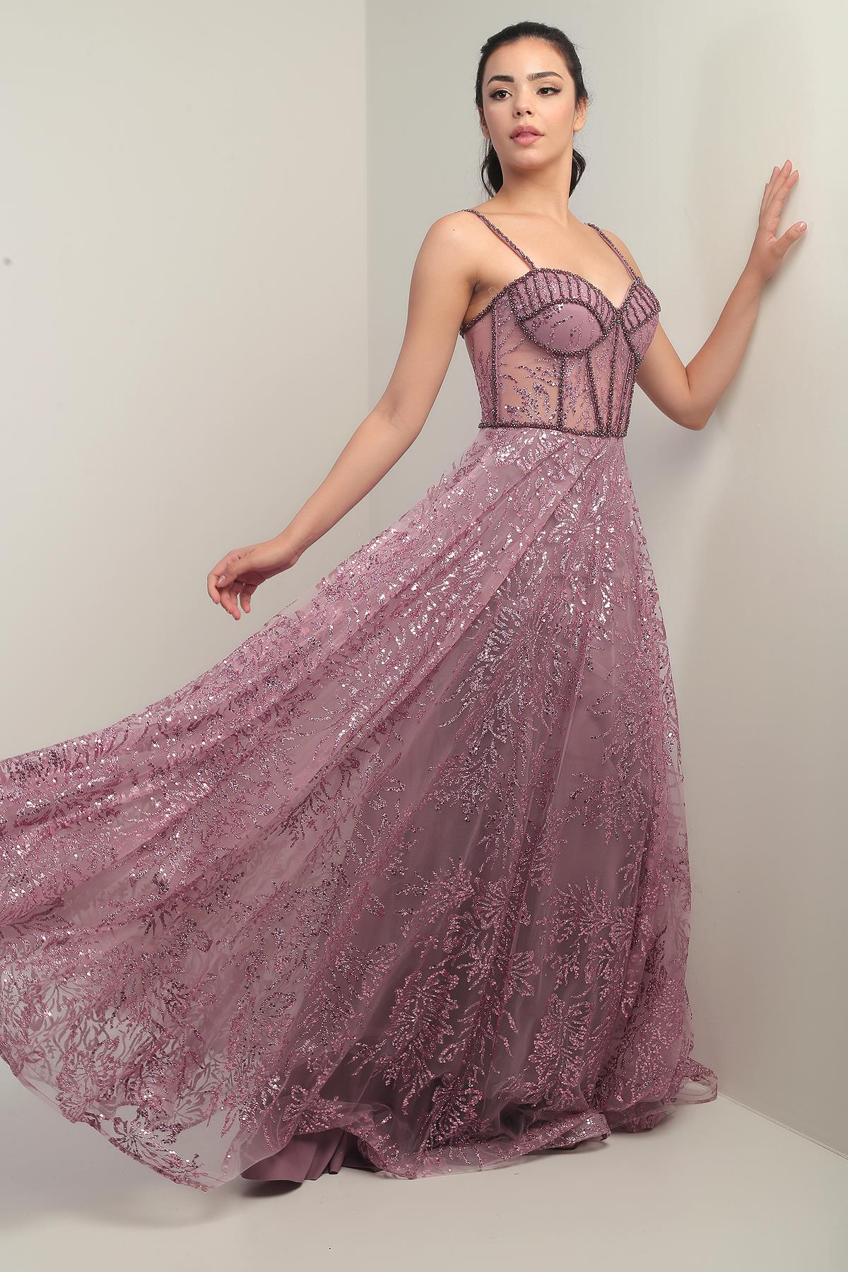 S-24Y0490019Kadın İp Askılı Boncuk Detaylı Pul İşlemeli Astarlı Uzun Abiye Elbise