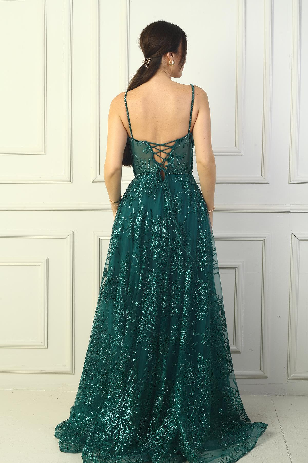 S-24Y0490019Kadın İp Askılı Boncuk Detaylı Pul İşlemeli Astarlı Uzun Abiye Elbise