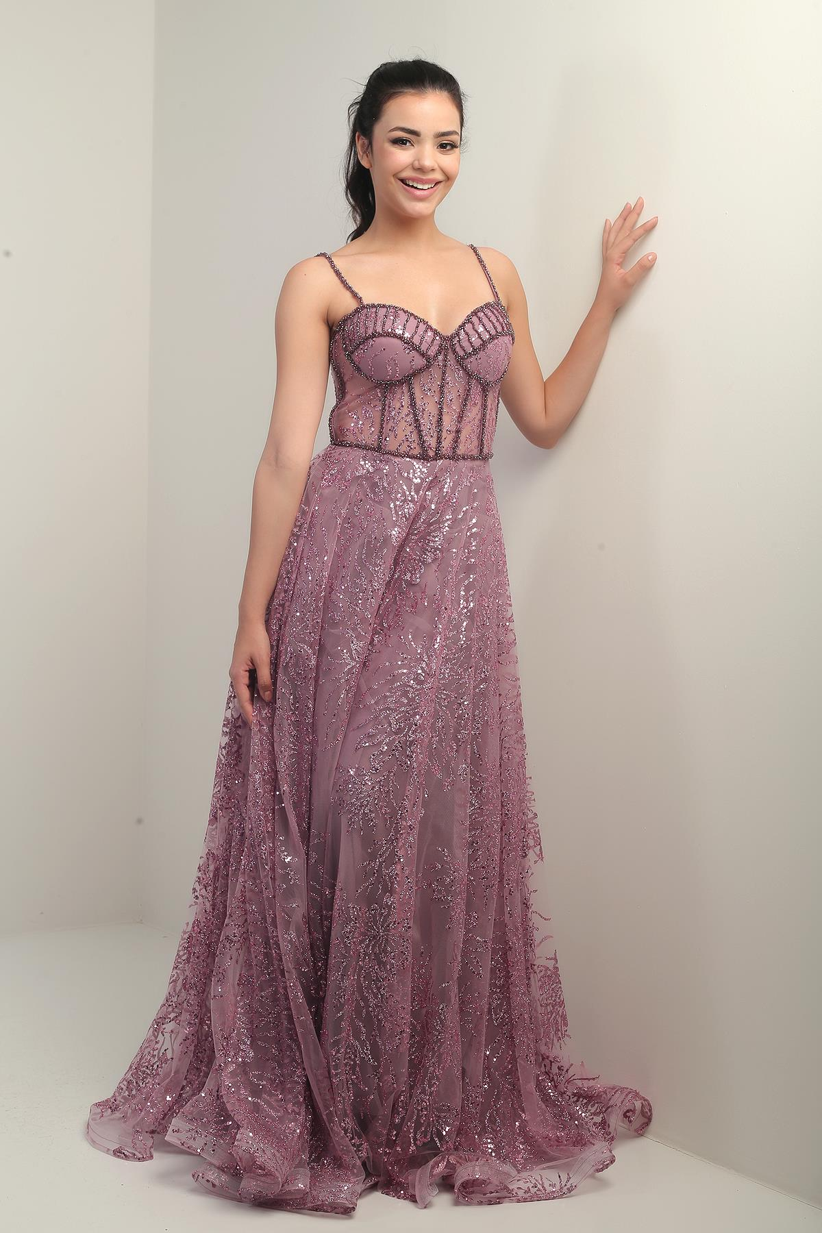 S-24Y0490019Kadın İp Askılı Boncuk Detaylı Pul İşlemeli Astarlı Uzun Abiye Elbise