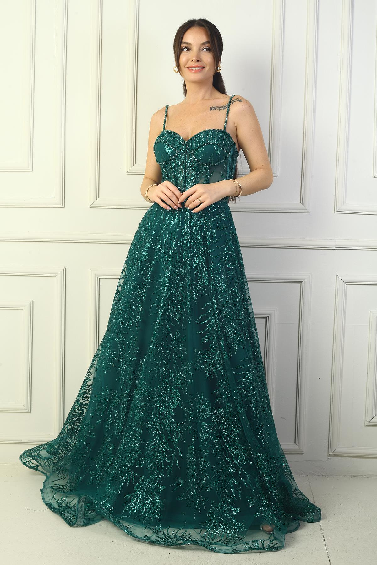 S-24Y0490019Kadın İp Askılı Boncuk Detaylı Pul İşlemeli Astarlı Uzun Abiye Elbise