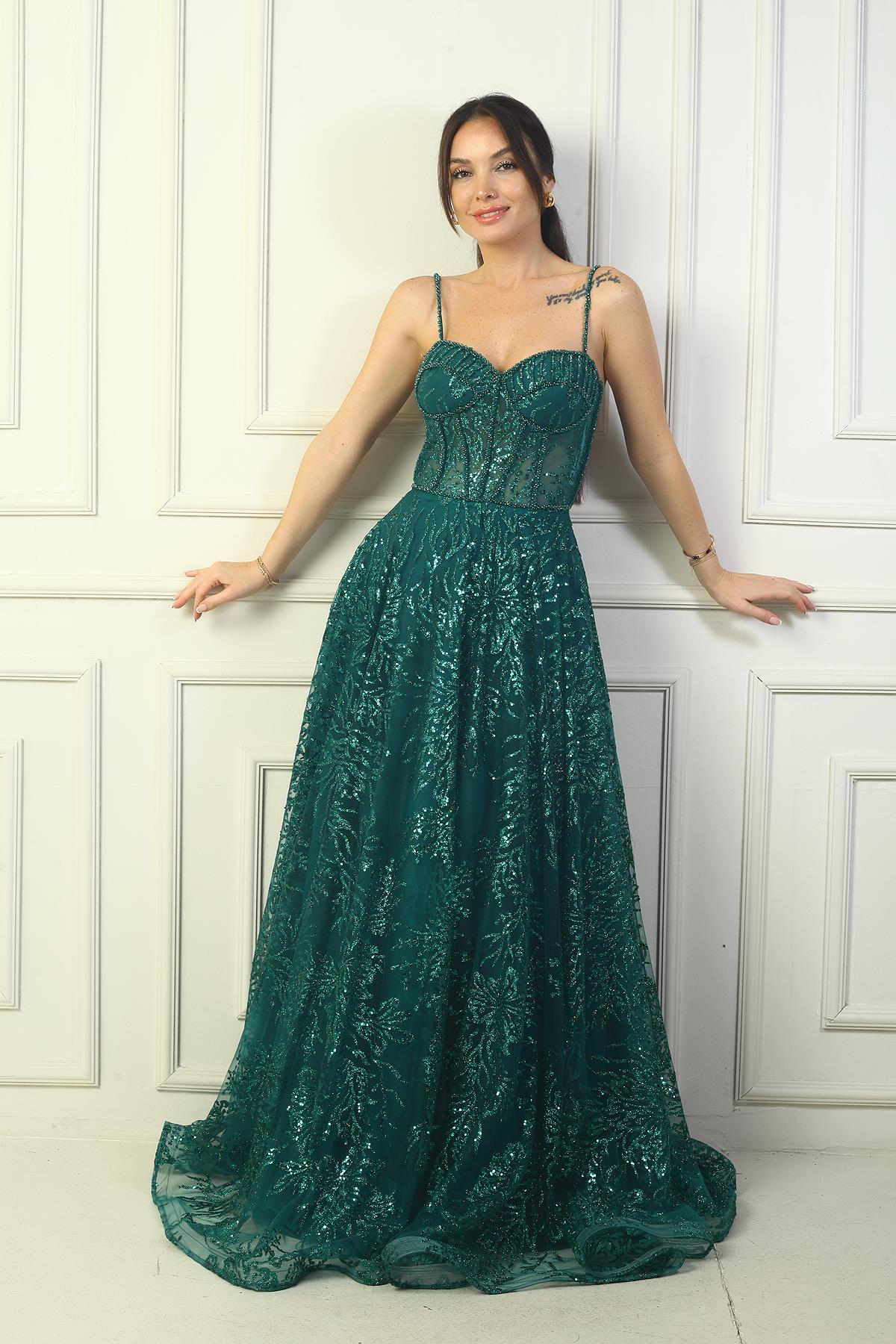 S-24Y0490019Kadın İp Askılı Boncuk Detaylı Pul İşlemeli Astarlı Uzun Abiye Elbise