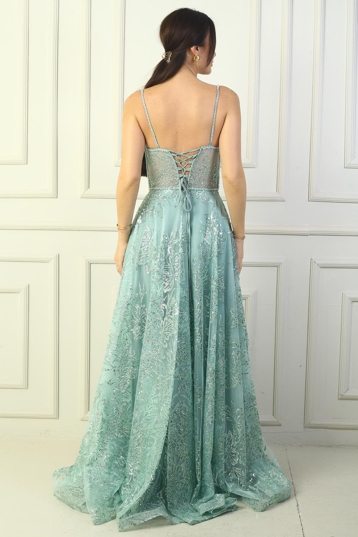 S-24Y0490019Kadın İp Askılı Boncuk Detaylı Pul İşlemeli Astarlı Uzun Abiye Elbise