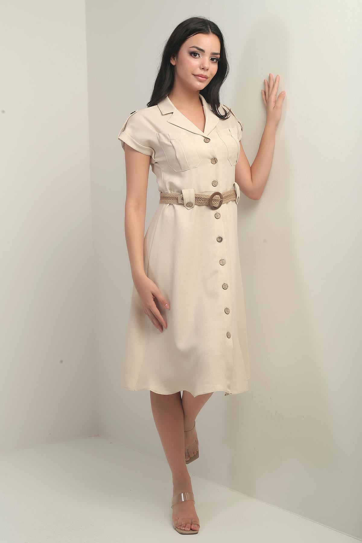 S-24Y0840004Kadın Yakalı Düşük Omuz Çift Cepli Kemerli Keten Efektli Elbise