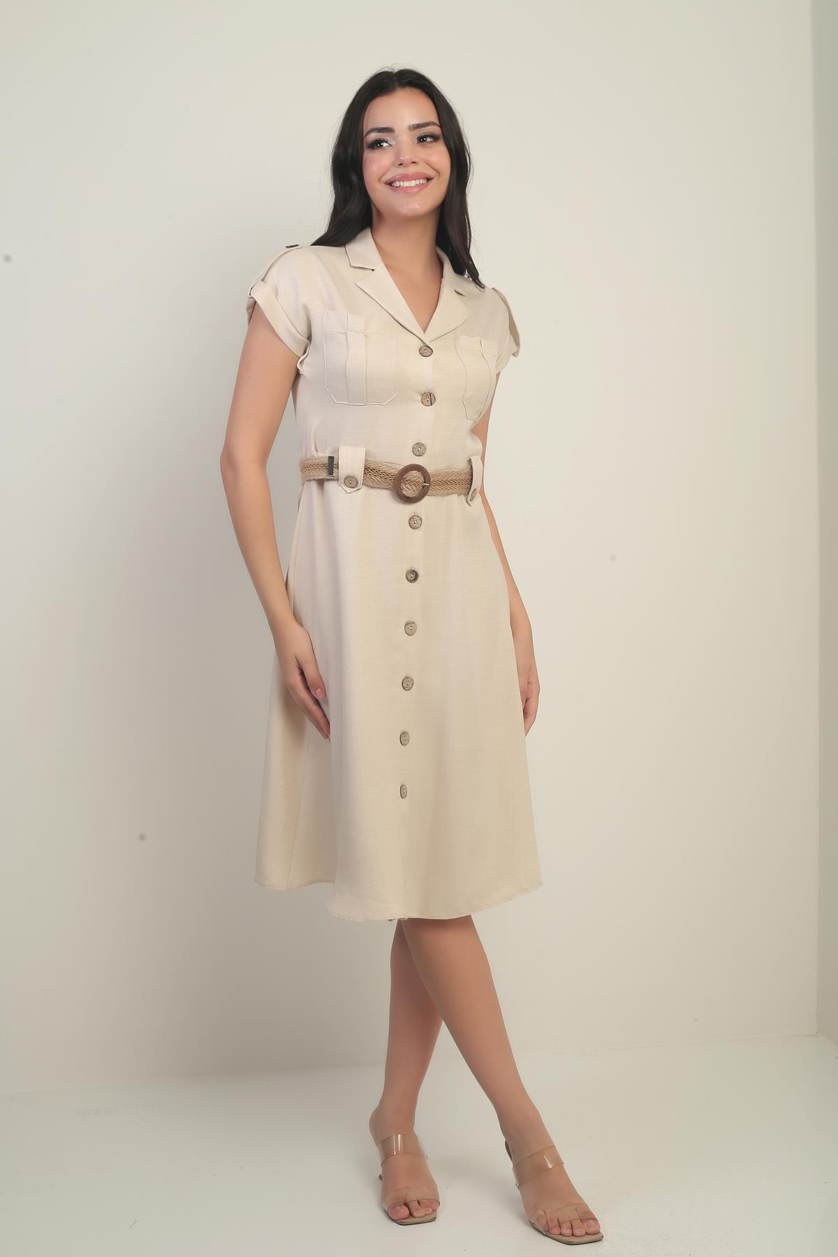 S-24Y0840004Kadın Yakalı Düşük Omuz Çift Cepli Kemerli Keten Efektli Elbise