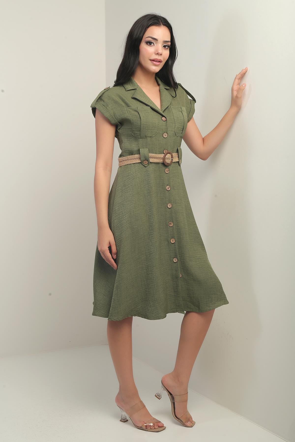 S-24Y0840004Kadın Yakalı Düşük Omuz Çift Cepli Kemerli Keten Efektli Elbise