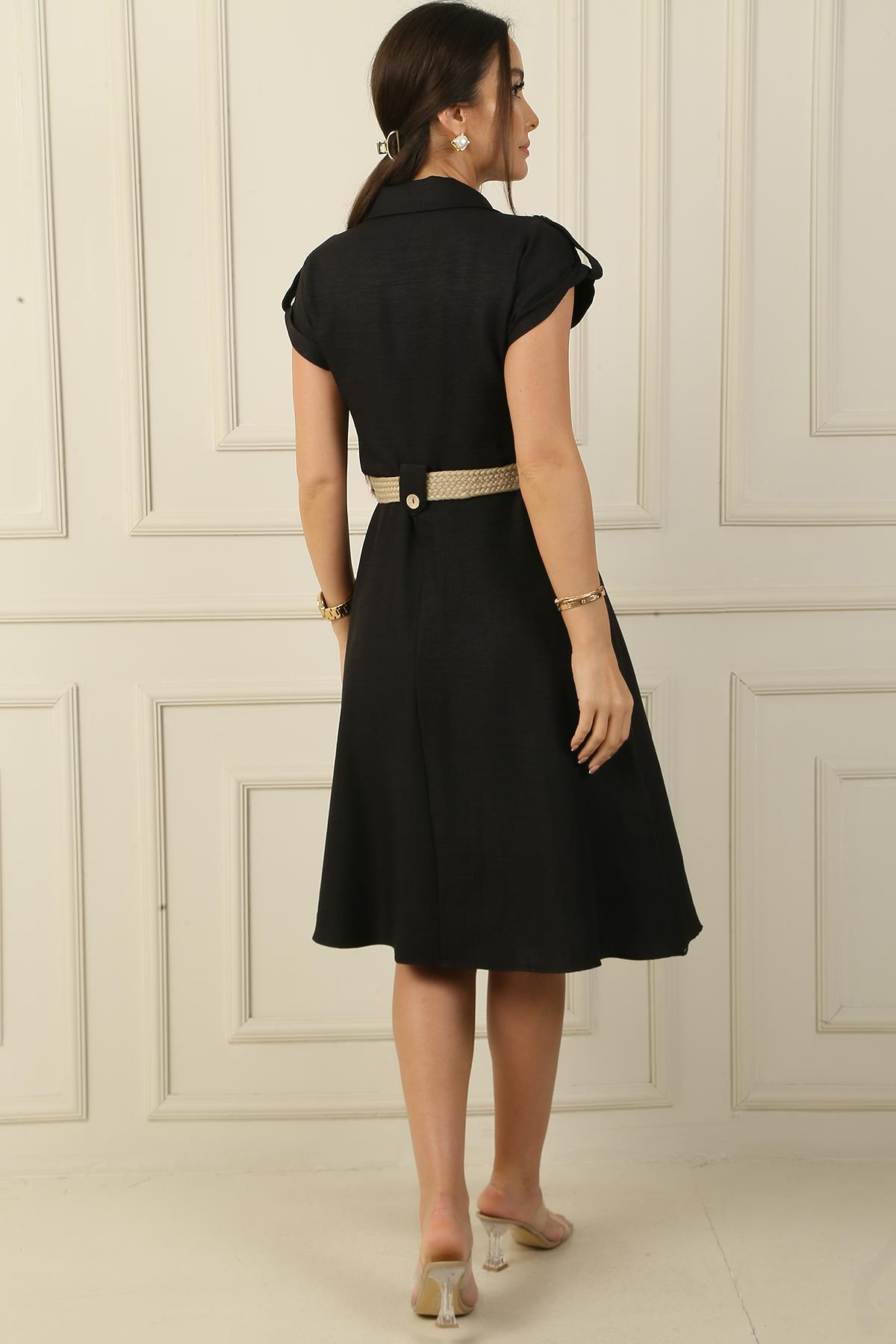 S-24Y0840004Yakalı Düşük Omuz Çift Cepli Kemerli Keten Elbise