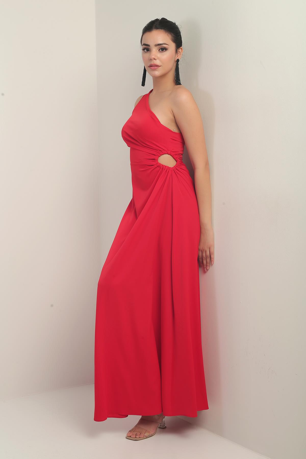 S-24Y0840007Kadın Tek Omuz Yan Pencere Detaylı Uzun Krep Saten Elbise