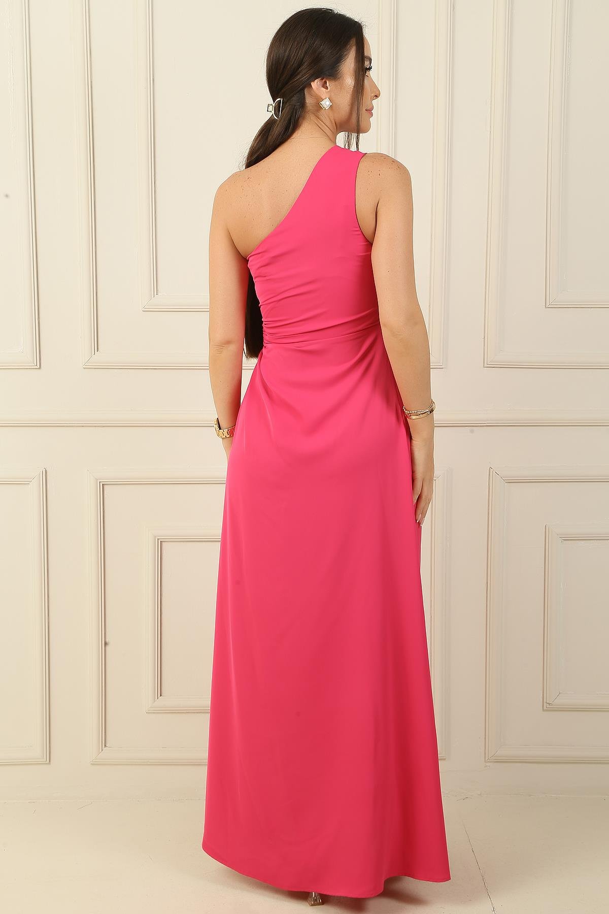 S-24Y0840007One-Shoulder Long Crepe Satin Dress with Side Window Detail