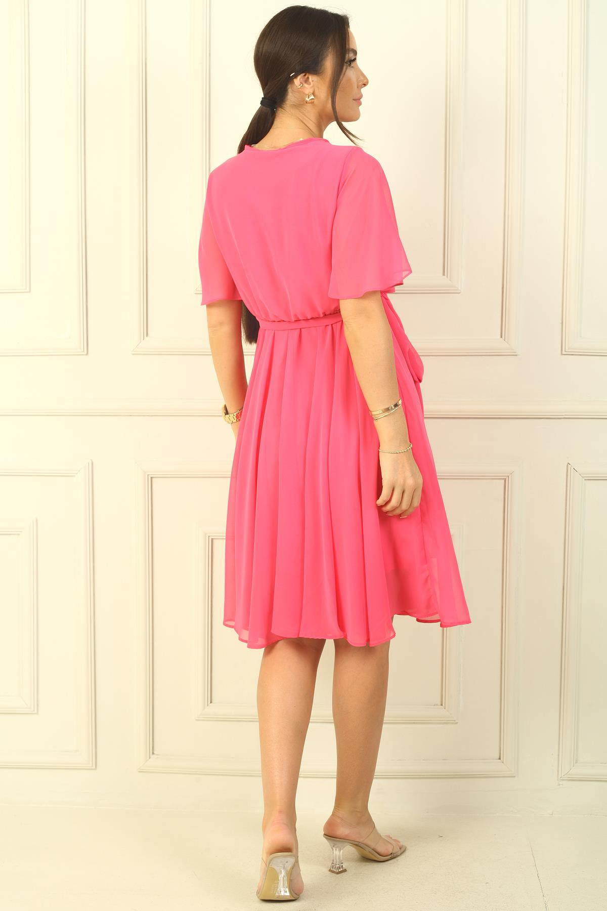 S-24Y0840018Kruvaze Yaka Volan Kollu Astarlı Şifon Elbise