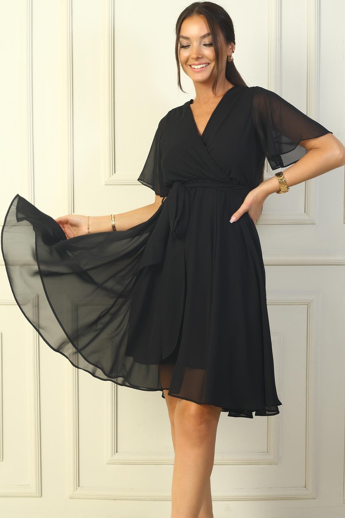 S-24Y0840018Kruvaze Yaka Volan Kollu Astarlı Şifon Elbise