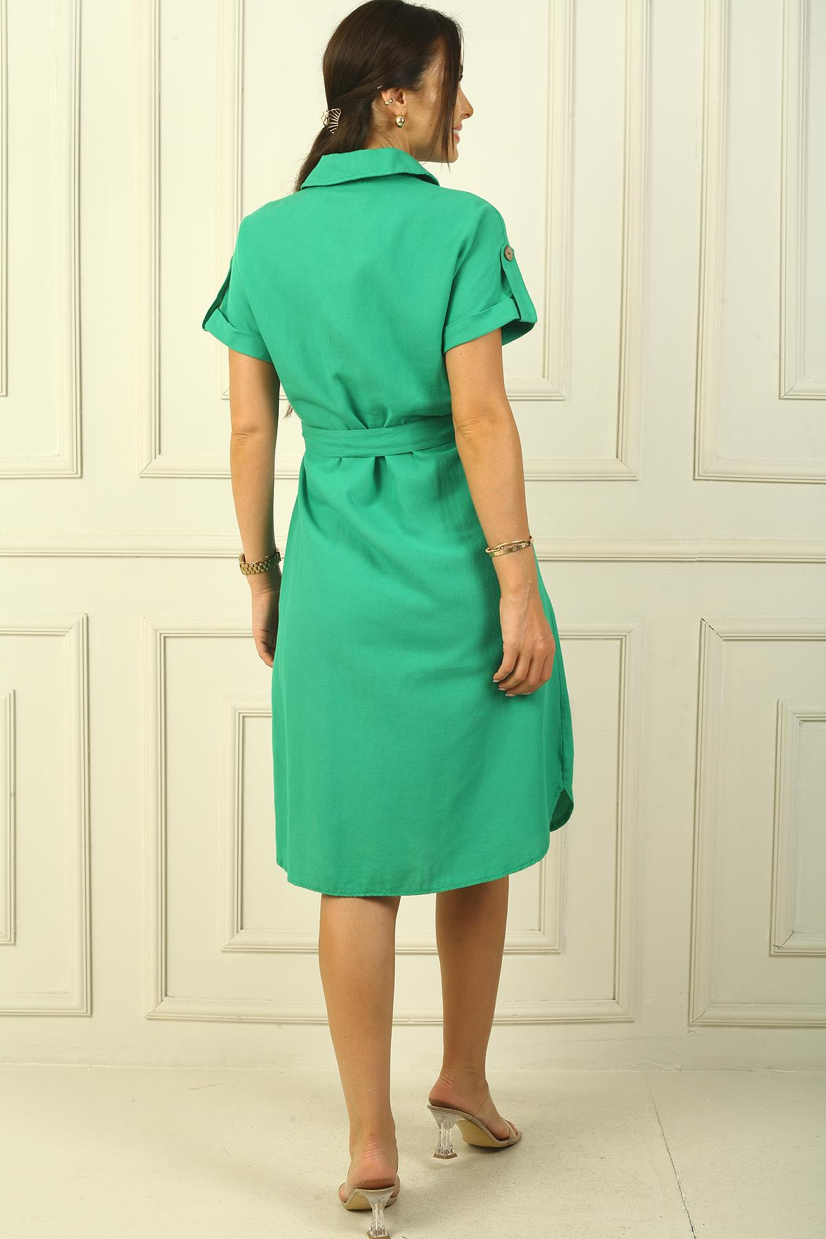 S-24Y0840027Çift Cepli Önü Düğmeli Beli Kuşaklı Keten Elbise