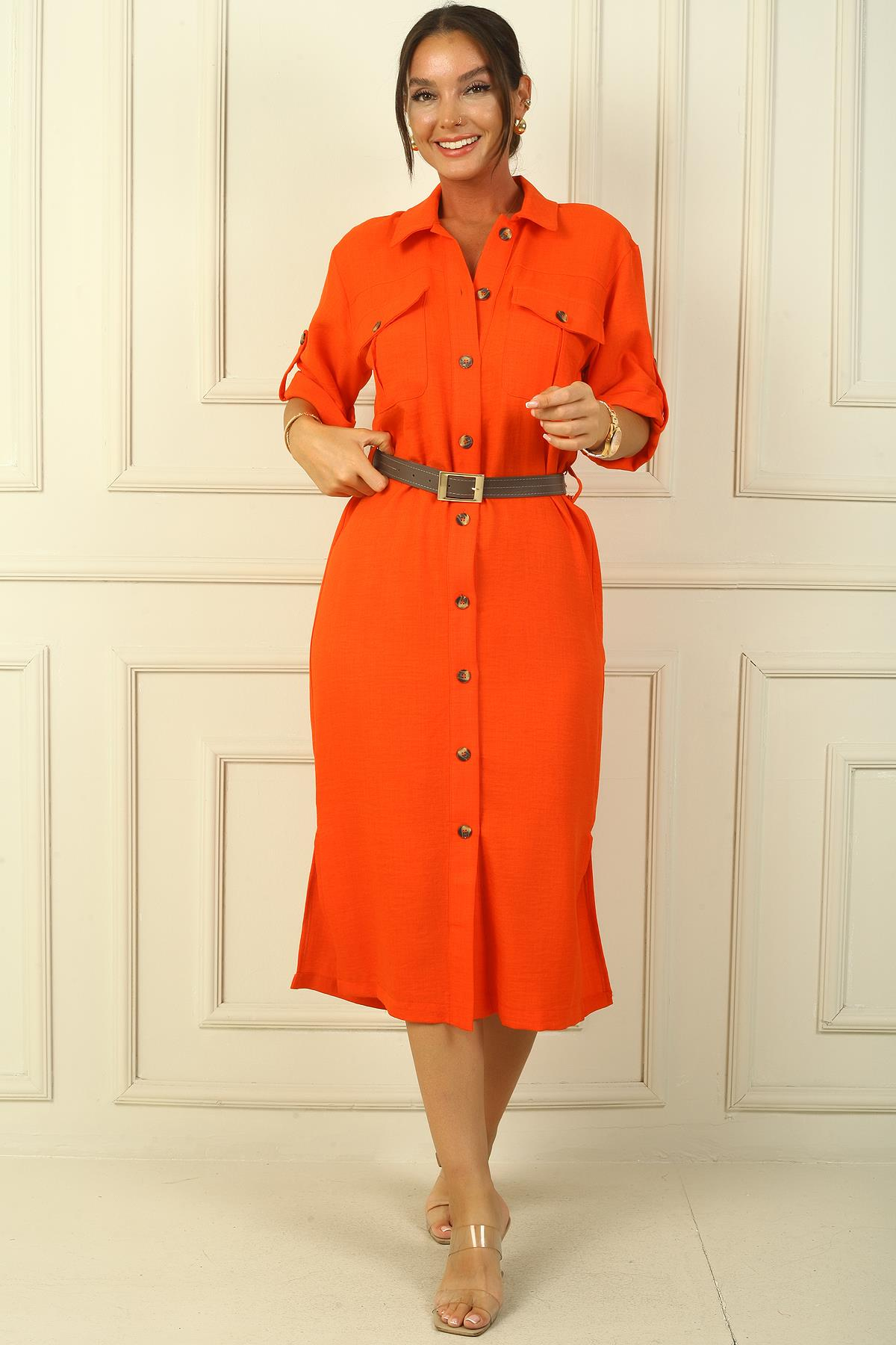 S-24Y0840037Önü Düğmeli Beli Kemerli Çift Cepli Keten Efektli Uzun Elbise