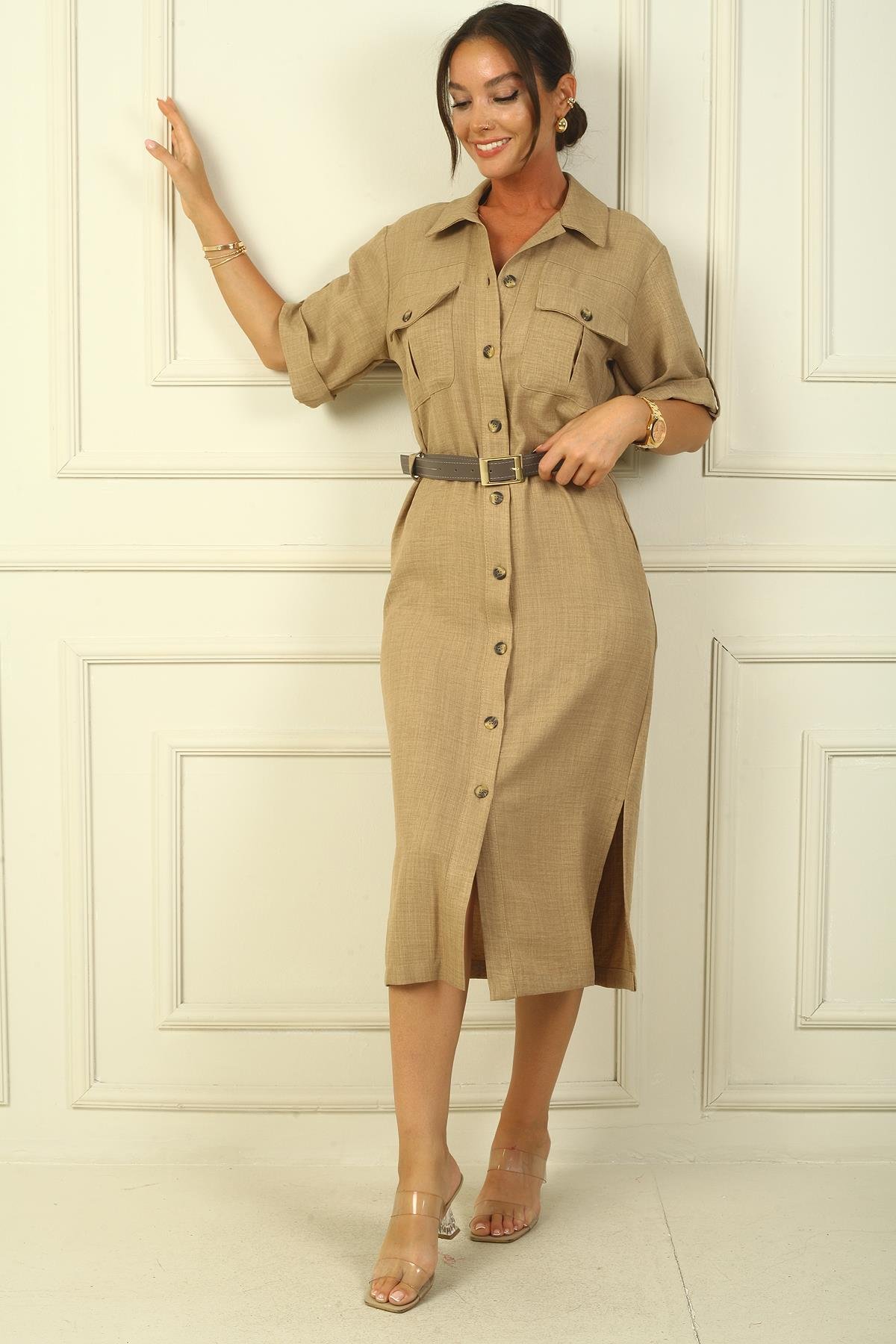 S-24Y0840037Önü Düğmeli Beli Kemerli Çift Cepli Keten Efektli Uzun Elbise