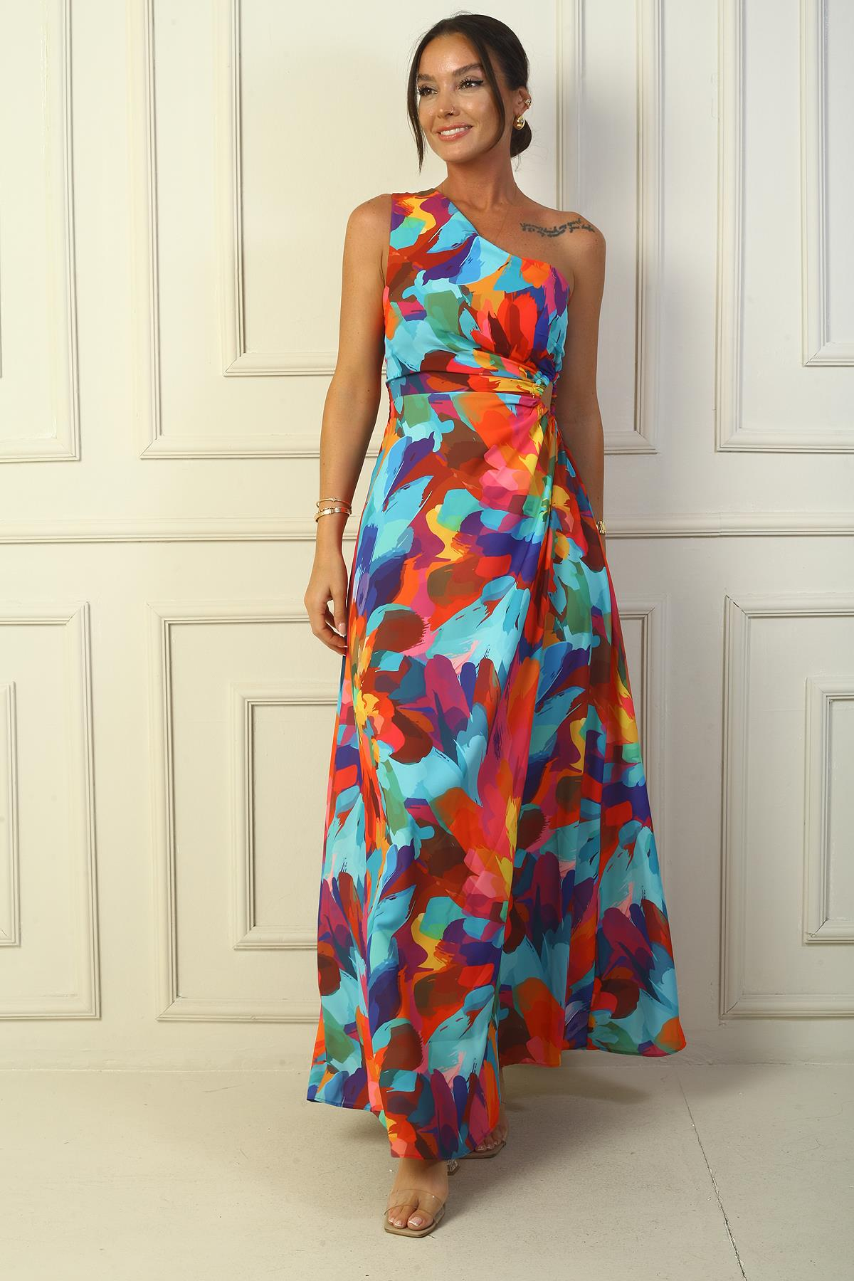 S-24Y0840038Tek Omuz Yandan Pencereli Çok Renkli Uzun Krep Saten Elbise