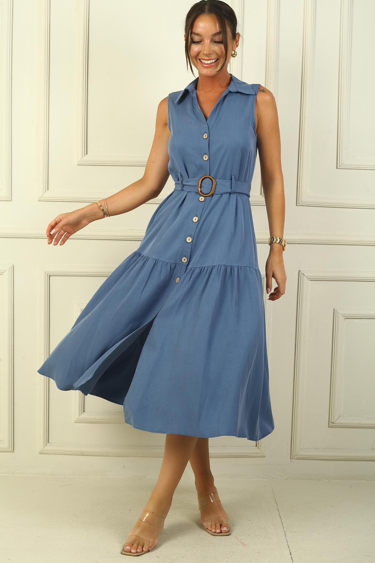 S-24Y0840045Önü Düğmeli Beli Kuşaklı Uzun Elbise