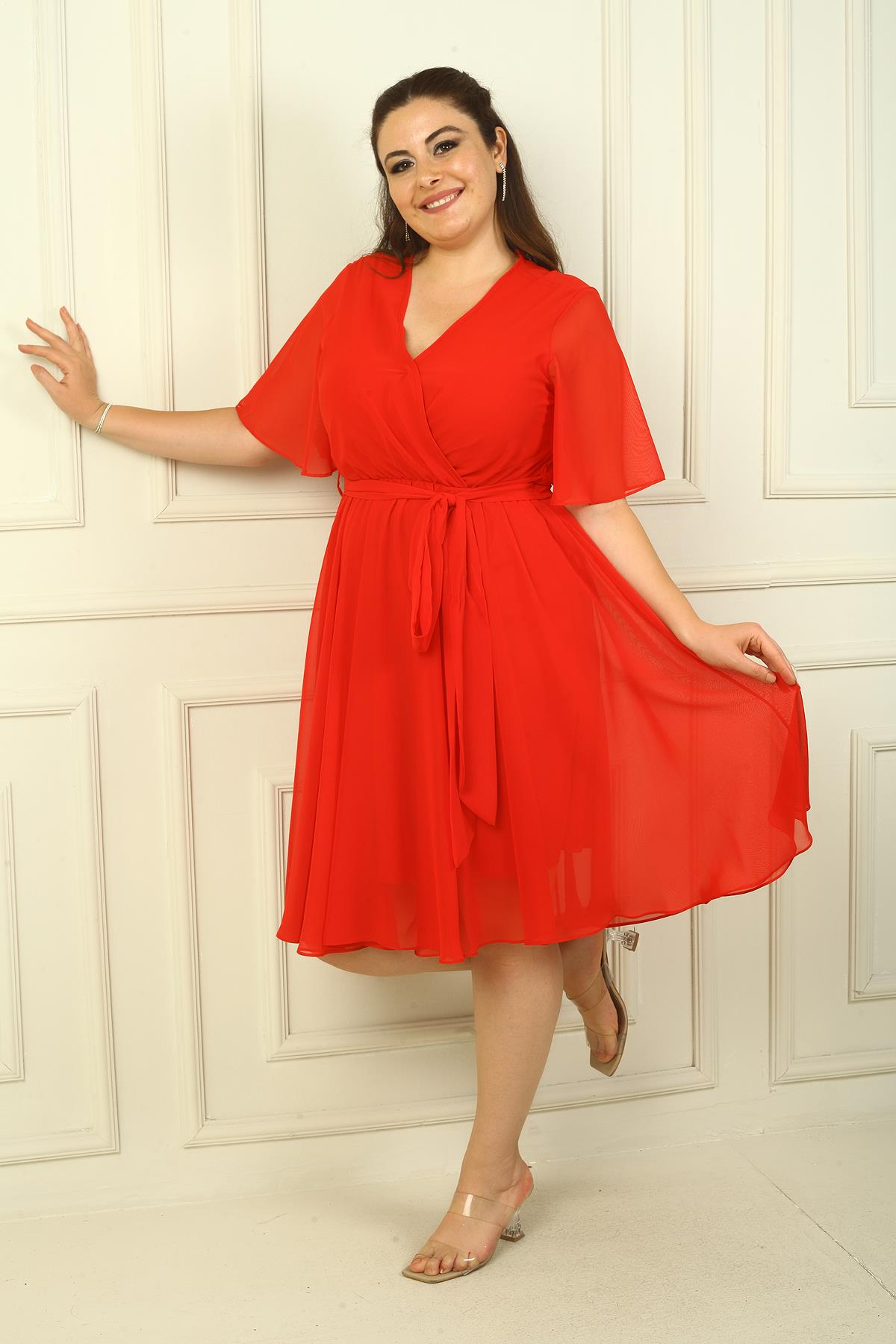 S-24Y0840048Kruvaze Yaka Volan Kollu Astarlı B.B Şifon Elbise