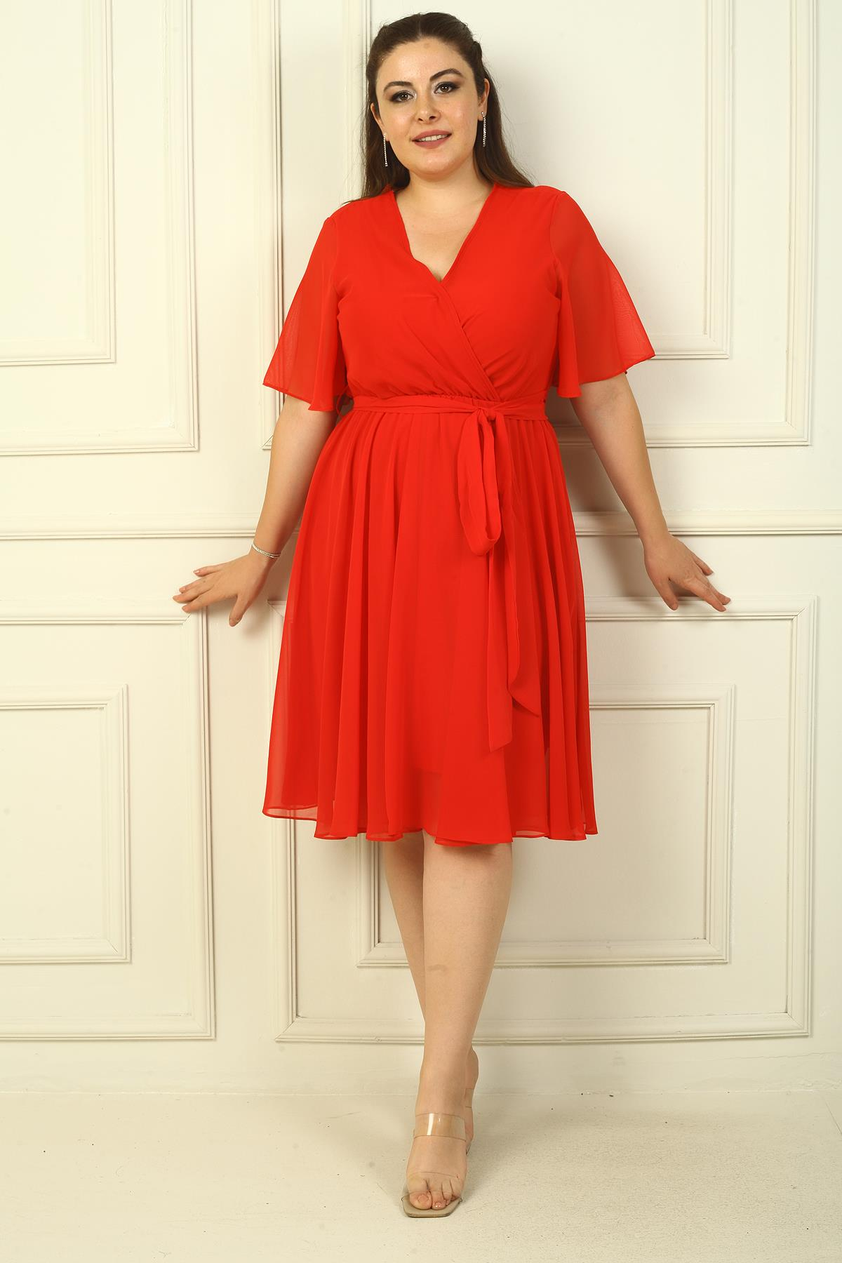 S-24Y0840048Kruvaze Yaka Volan Kollu Astarlı B.B Şifon Elbise