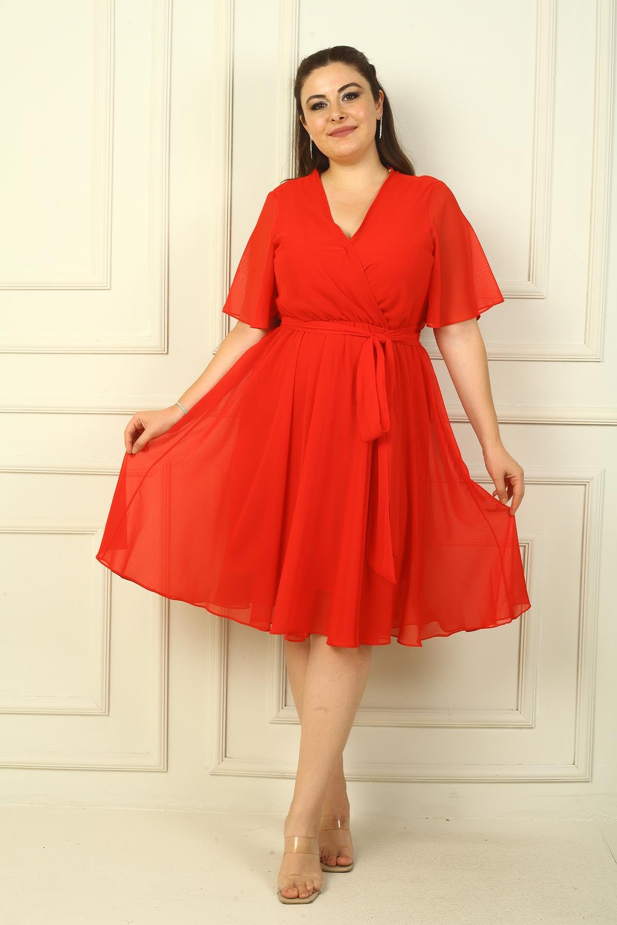 S-24Y0840048Kruvaze Yaka Volan Kollu Astarlı B.B Şifon Elbise