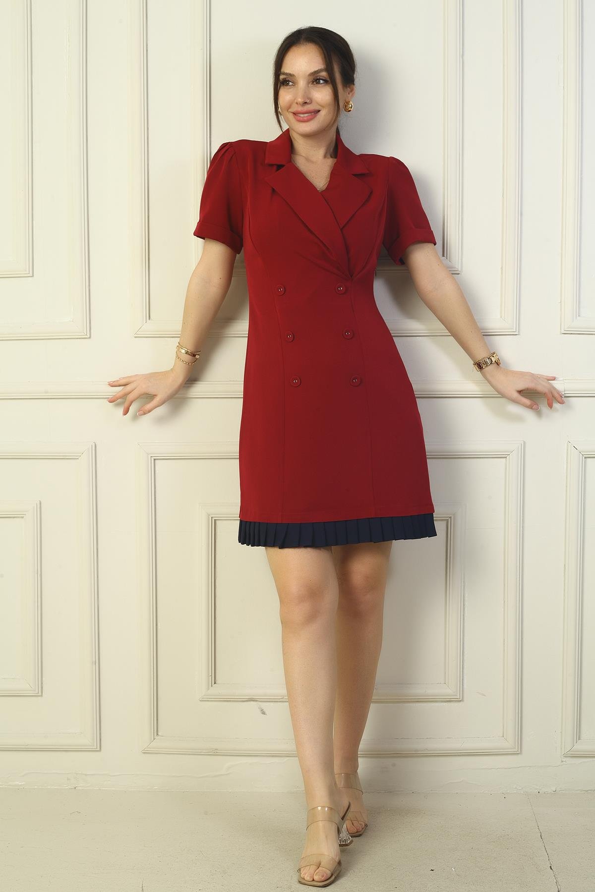 S-24Y0840078Kruvaze Yaka Düğmeli Etek Ucu Plise Detaylı Elbise