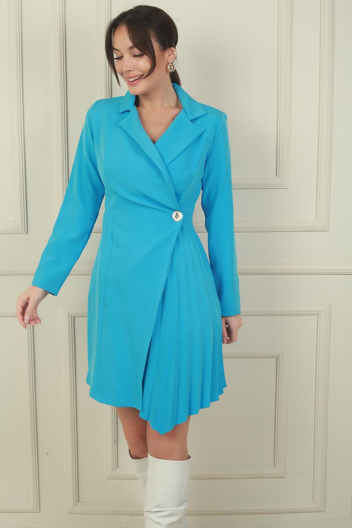 S-24Y0840081Kruvaze Yaka Plise Detaylı Ceket Elbise