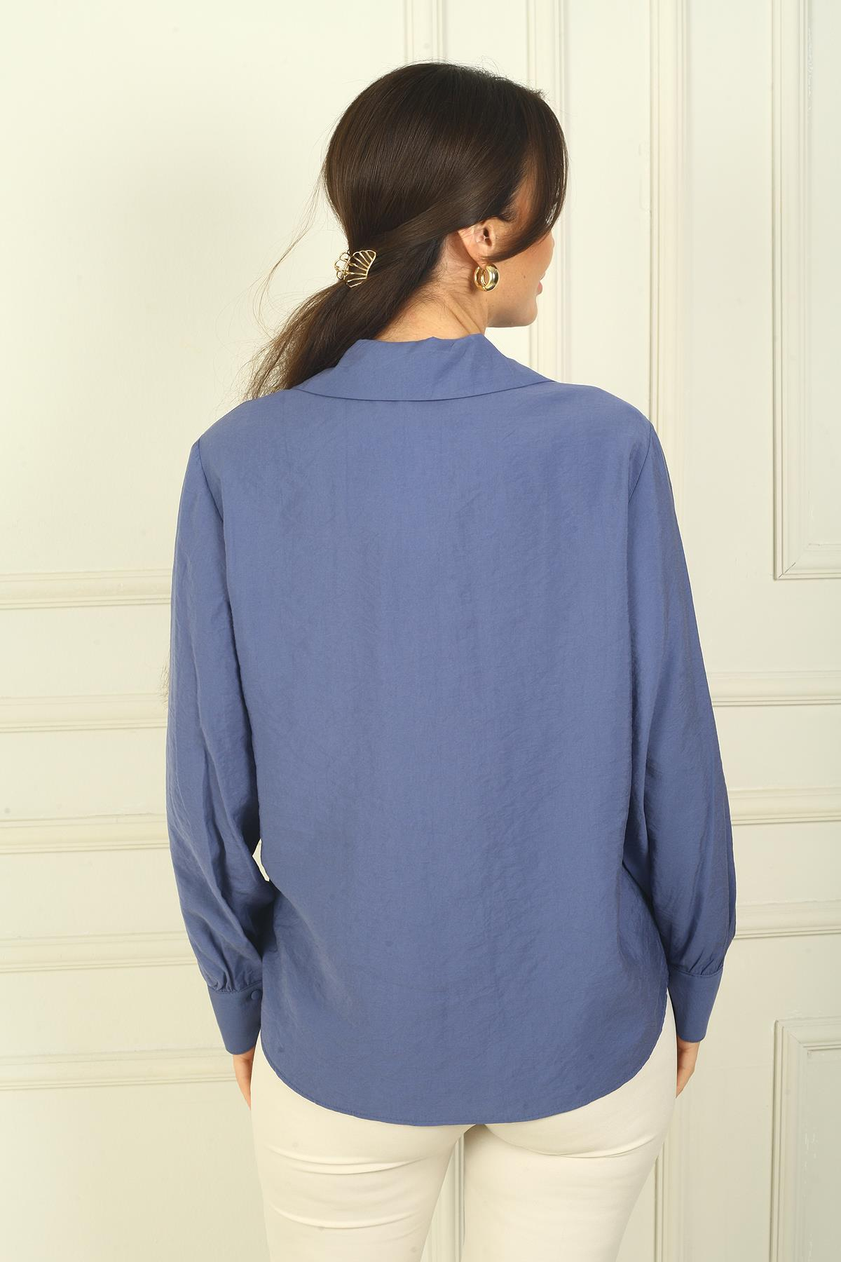 S-24Y0840097Kadın Önü Düğmeli Kolları Büzgülü Uzun Kol Gömlek