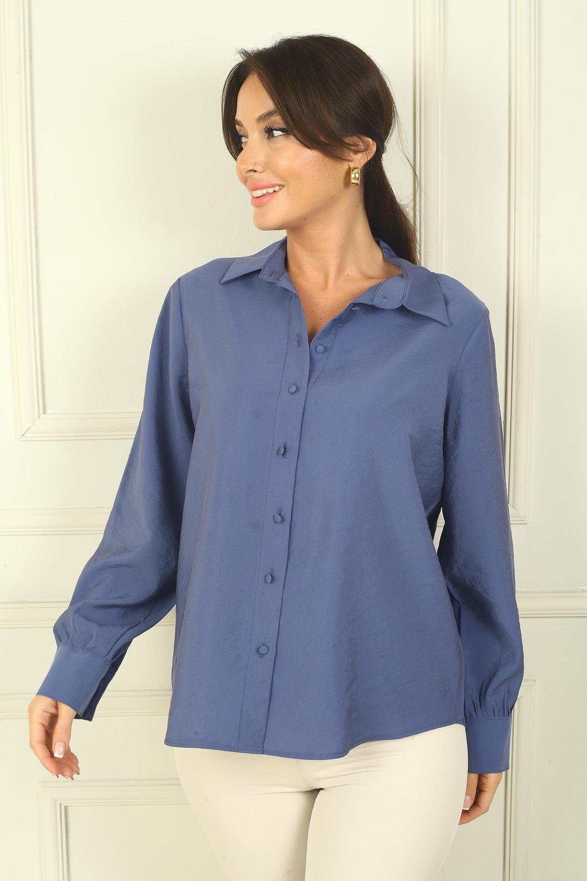 S-24Y0840097Kadın Önü Düğmeli Kolları Büzgülü Uzun Kol Gömlek