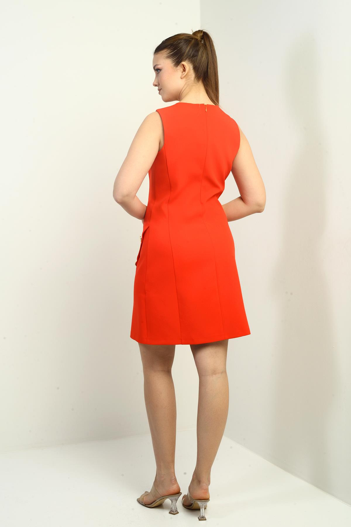 S-24Y0840099Kadın Yuvarlak Yaka Kolsuz Önü Düğme Detaylı Elbise