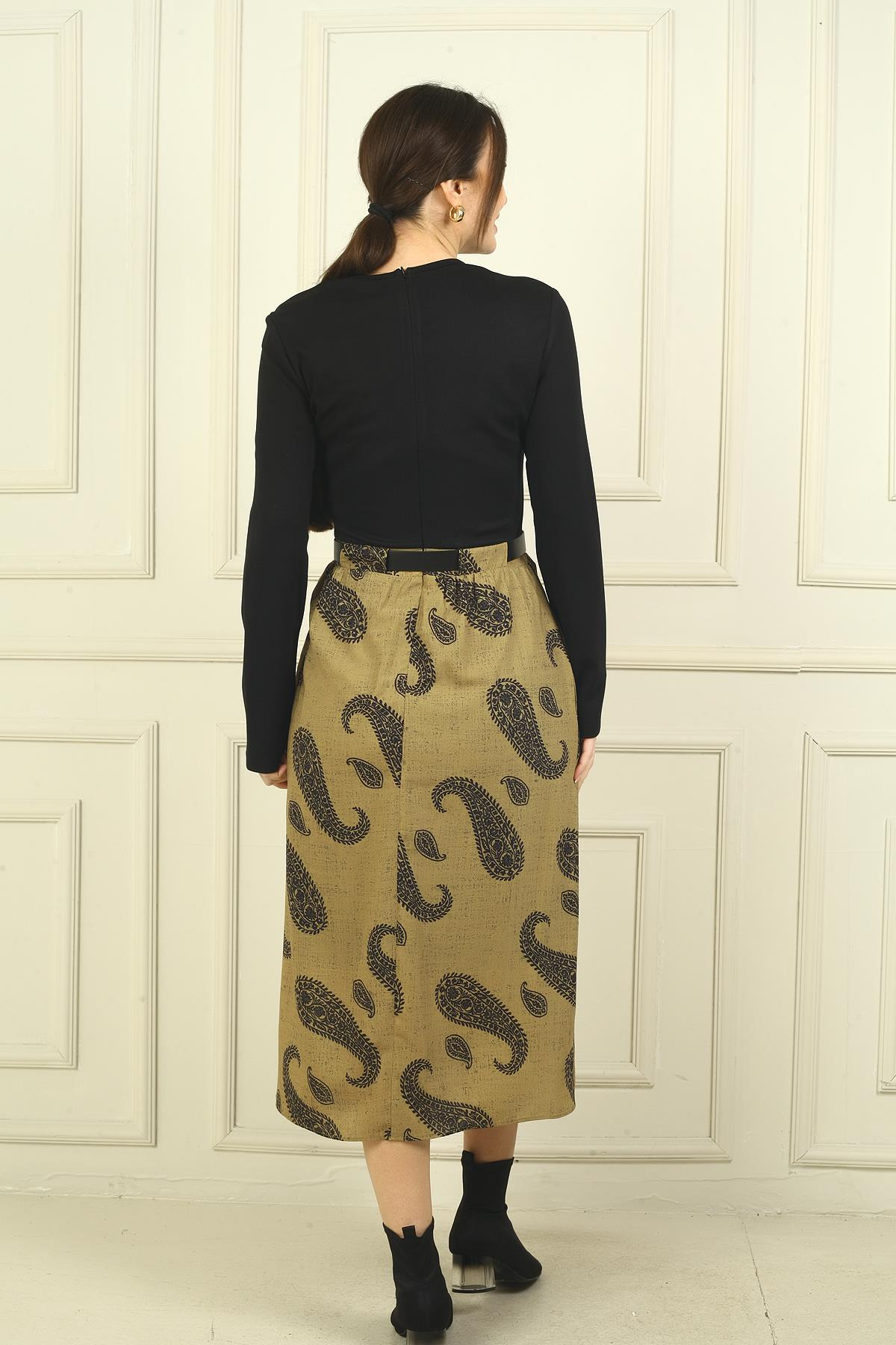 S-24Y0840108Kadın Beli Kemerli Eteği Şal Desenli Astarlı Elbise