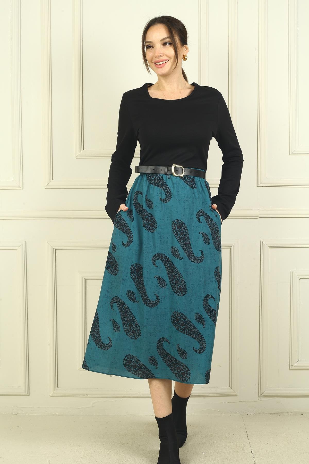 S-24Y0840108Kadın Beli Kemerli Eteği Şal Desenli Astarlı Elbise