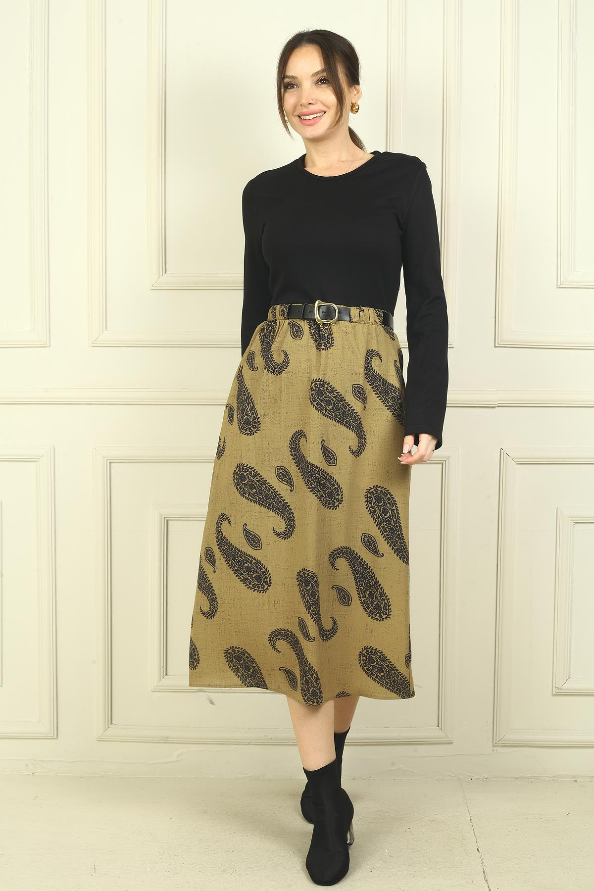 S-24Y0840108Kadın Beli Kemerli Eteği Şal Desenli Astarlı Elbise