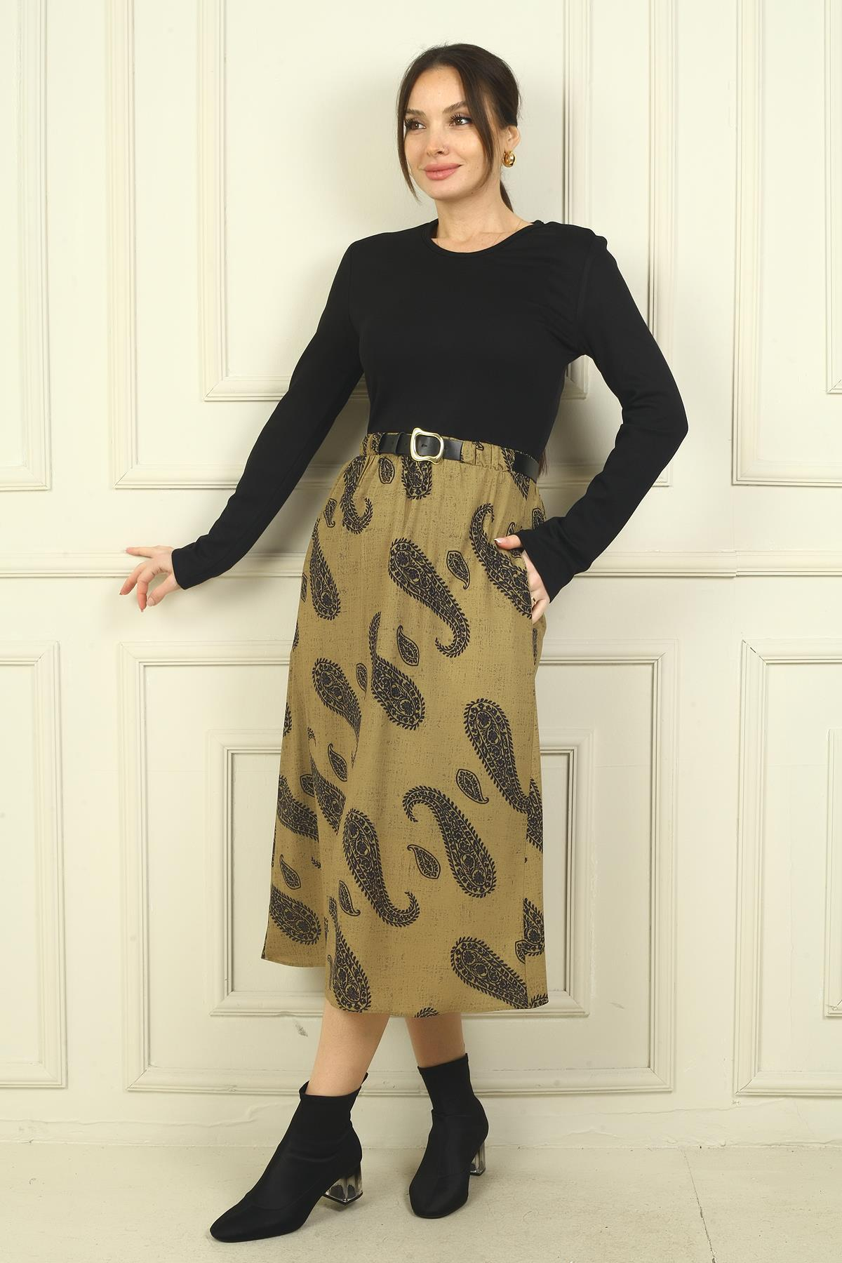 S-24Y0840108Kadın Beli Kemerli Eteği Şal Desenli Astarlı Elbise