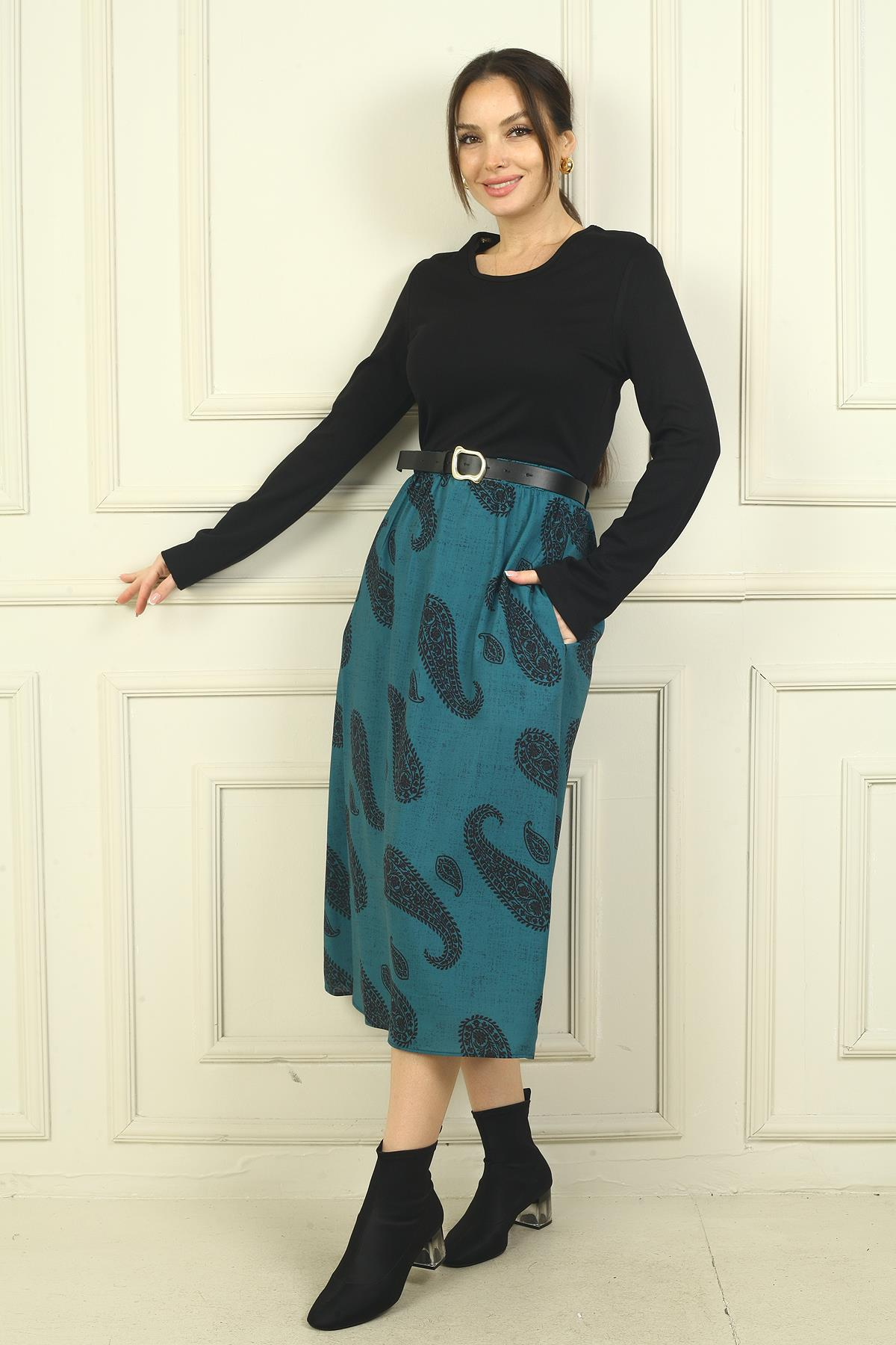 S-24Y0840108Kadın Beli Kemerli Eteği Şal Desenli Astarlı Elbise