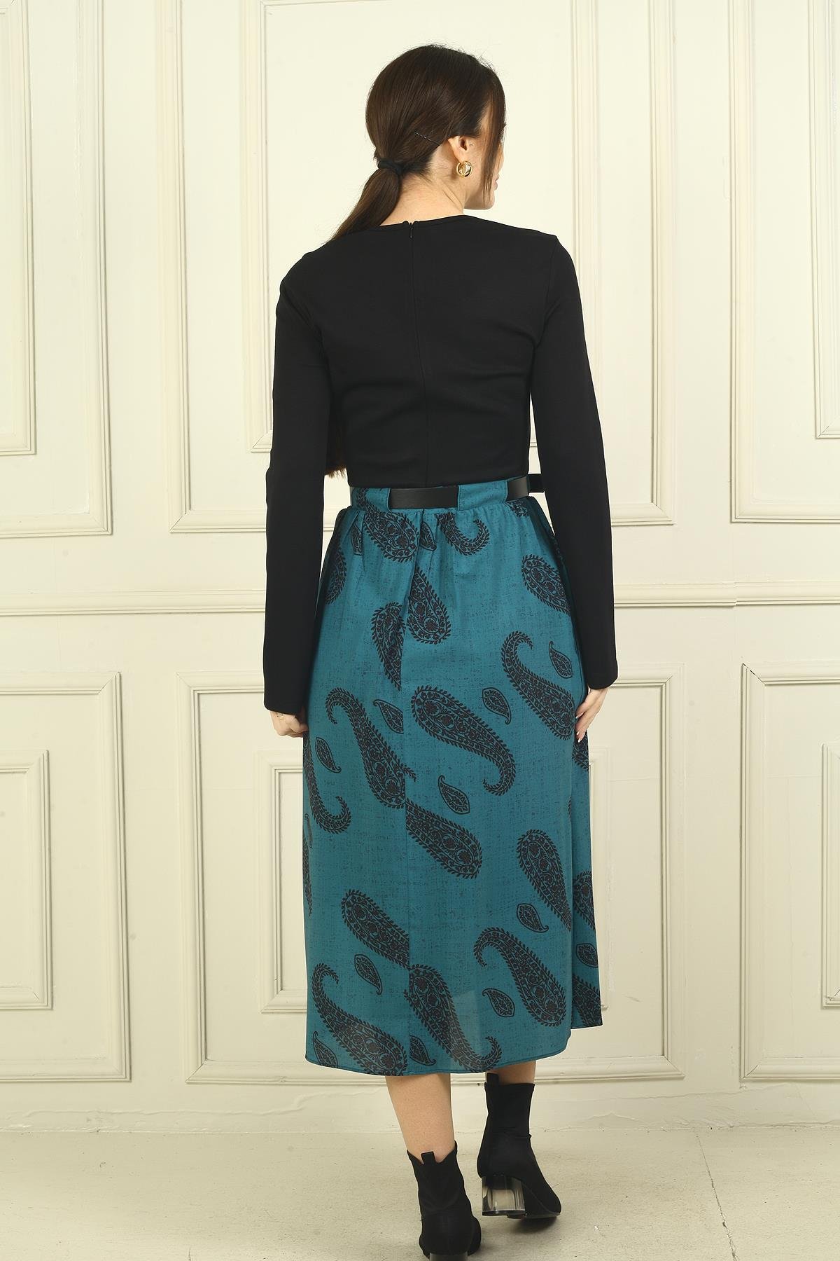 S-24Y0840108Kadın Beli Kemerli Eteği Şal Desenli Astarlı Elbise