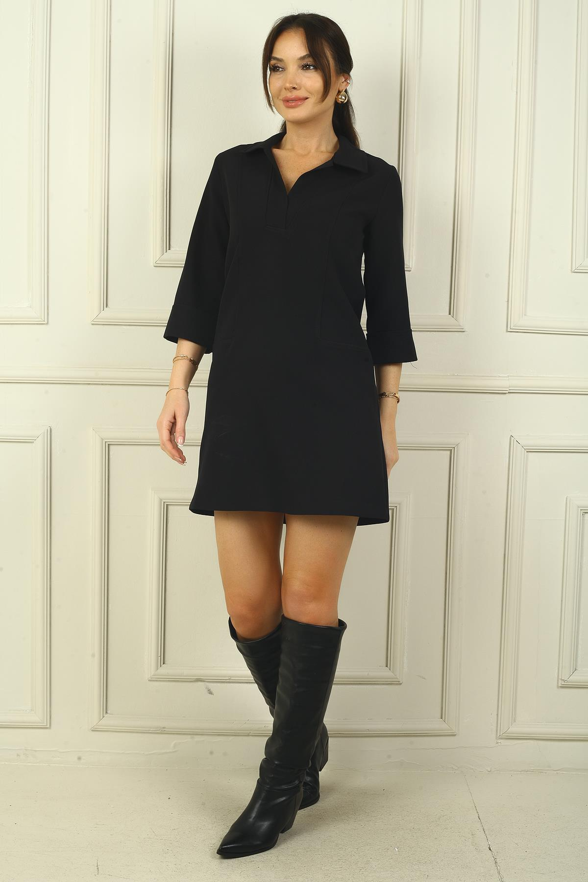 S-24Y0840109Kadın Polo Yaka Duble Kollu Kısa Elbise