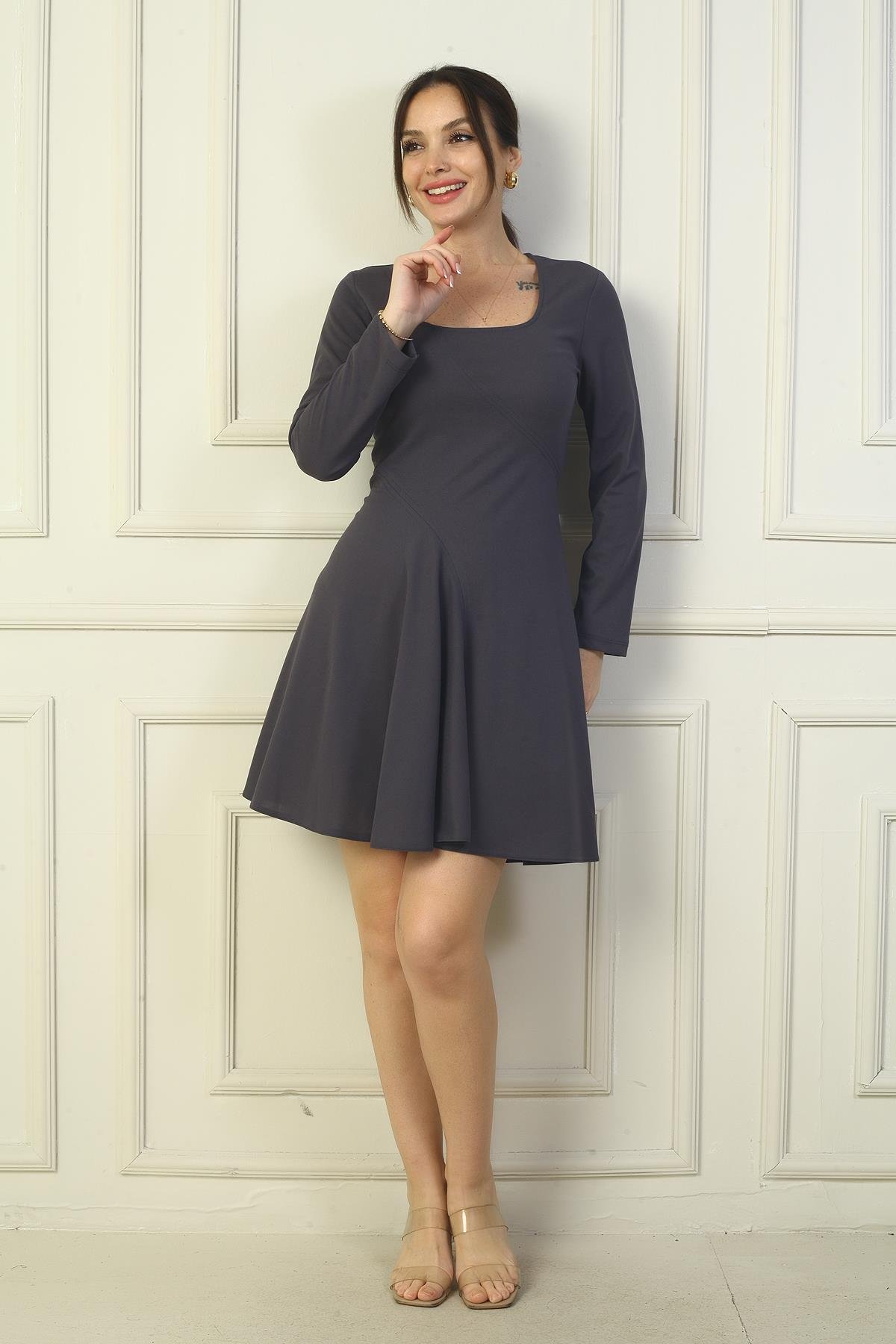 S-24Y0840122Kadın U Yaka Kısa Krep Elbise