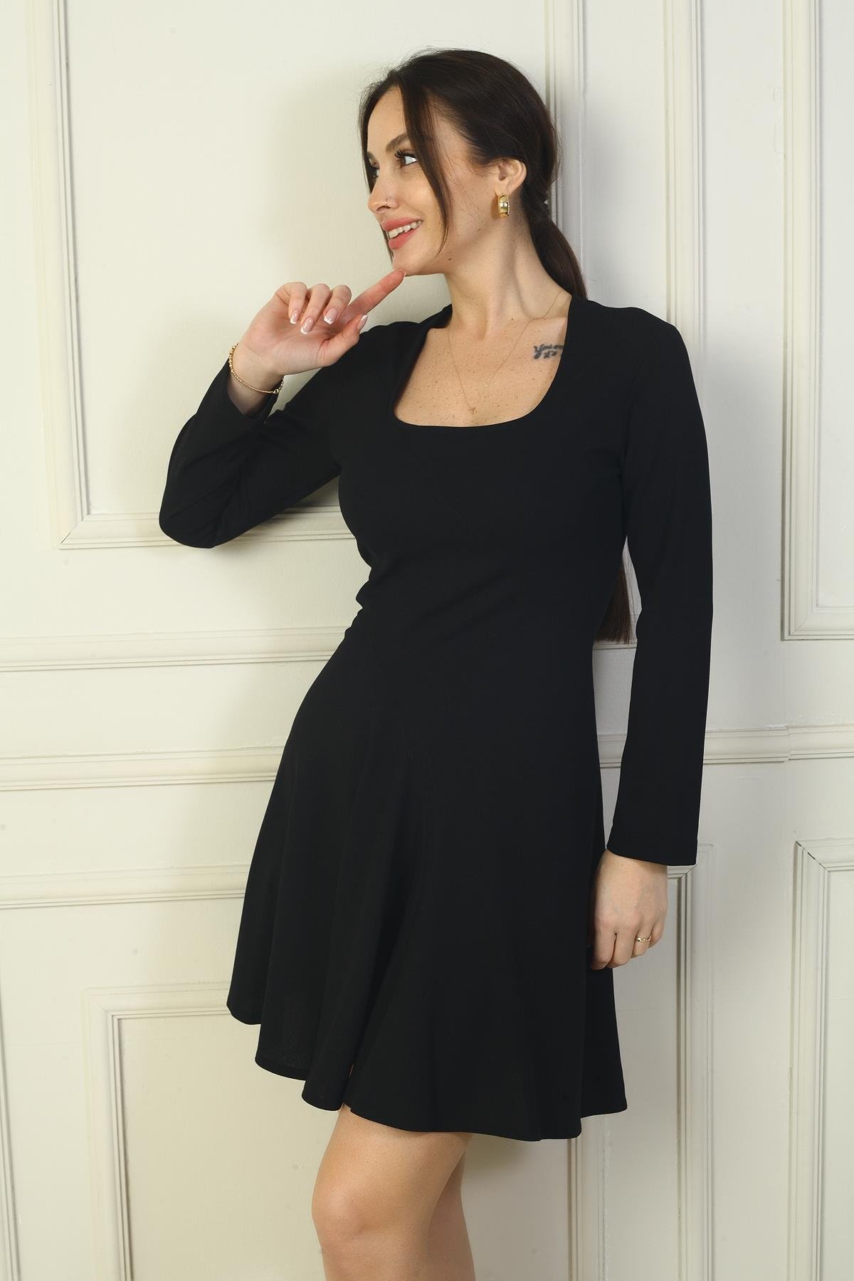 S-24Y0840122Kadın U Yaka Kısa Krep Elbise