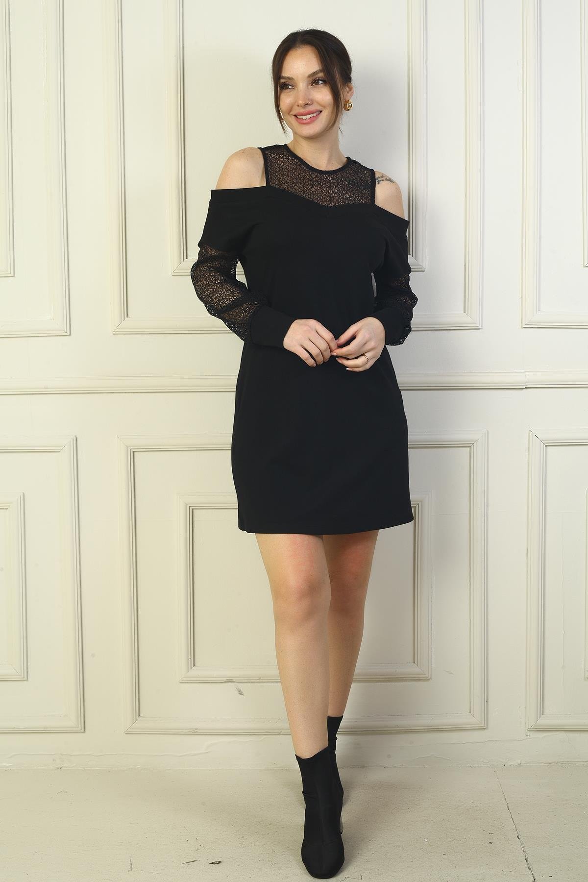 S-24Y0840123Kadın Omuz Dekolteli Dantel Detaylı Kısa Elbise