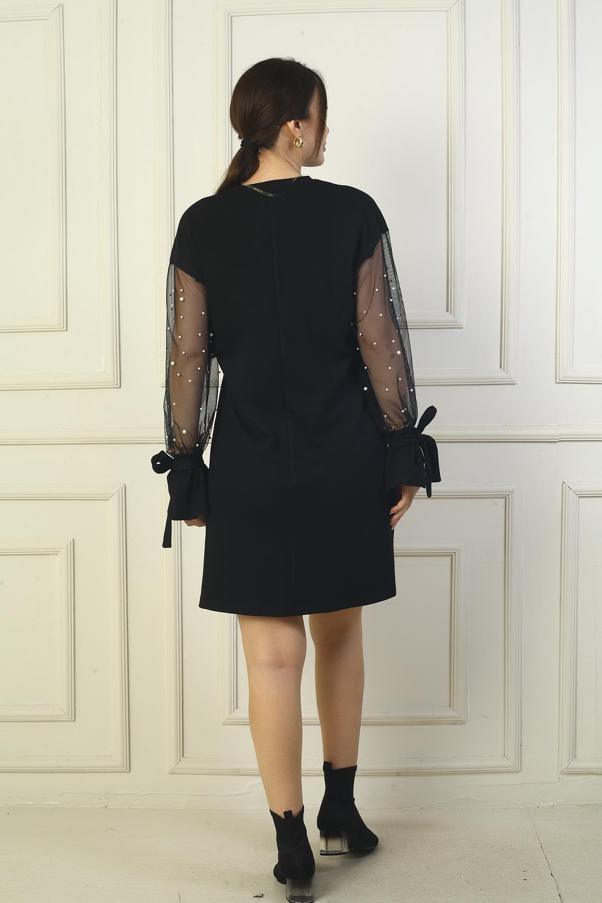 S-24Y0840125Kadın Yuvarlak Yaka İnci Detaylı Tül Kollu Kısa Elbise