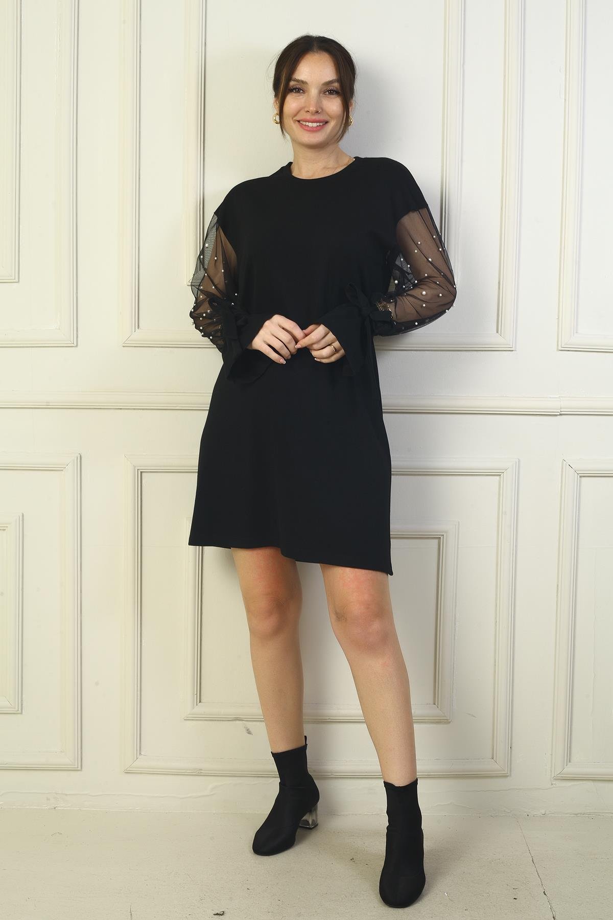 S-24Y0840125Kadın Yuvarlak Yaka İnci Detaylı Tül Kollu Kısa Elbise