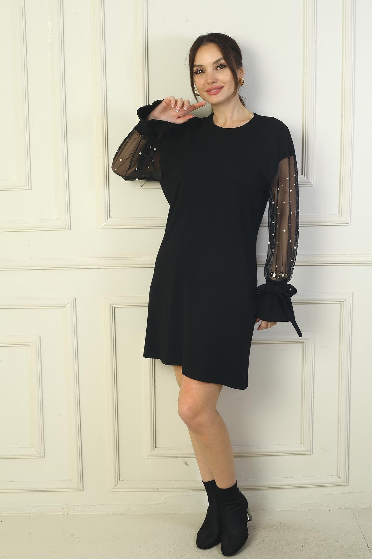 S-24Y0840125Kadın Yuvarlak Yaka İnci Detaylı Tül Kollu Kısa Elbise