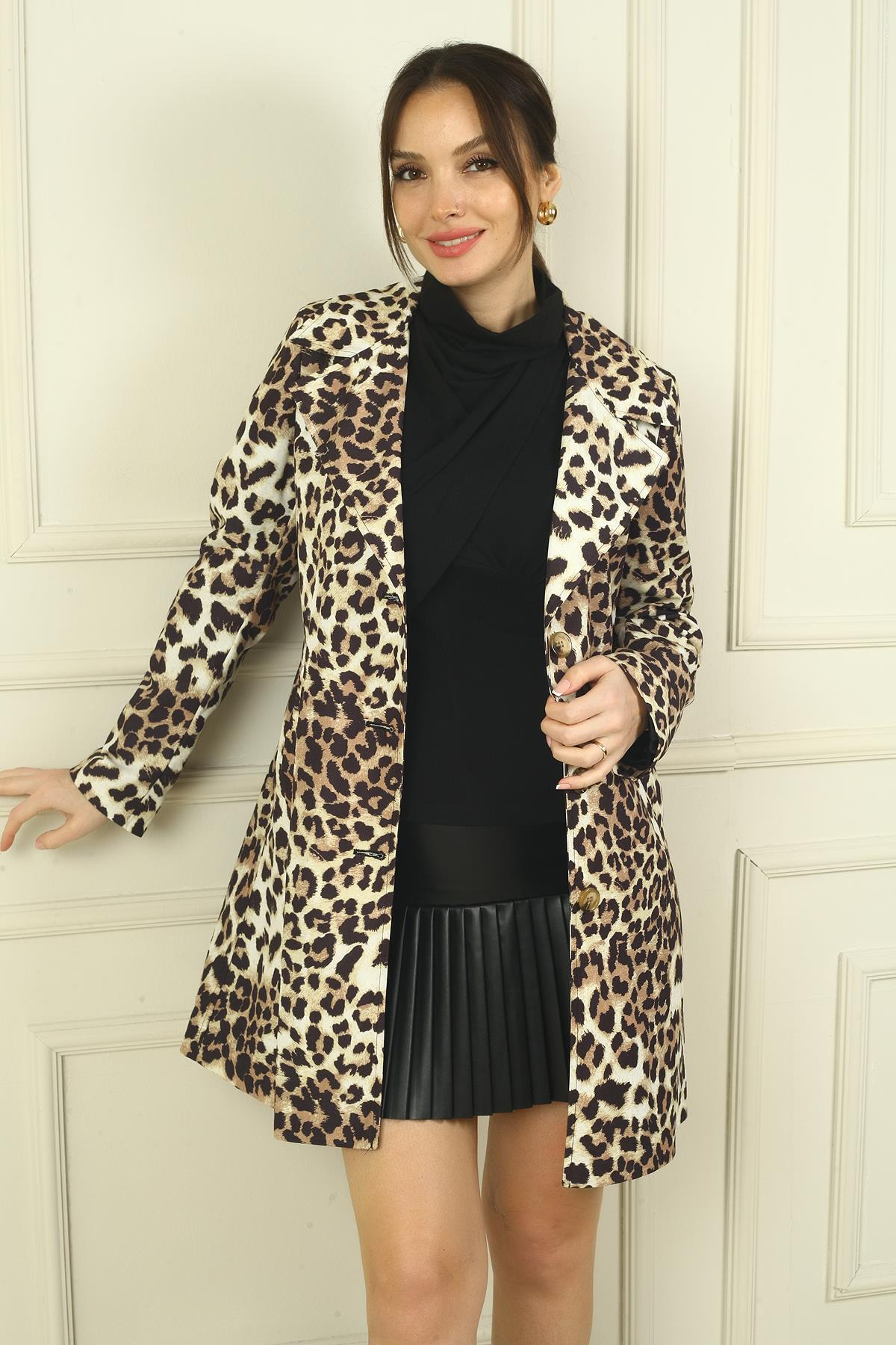 S-24Y0840131Kadın Yandan Cepli Beli Kemerli Astarlı Leopar Desenli Trençkot