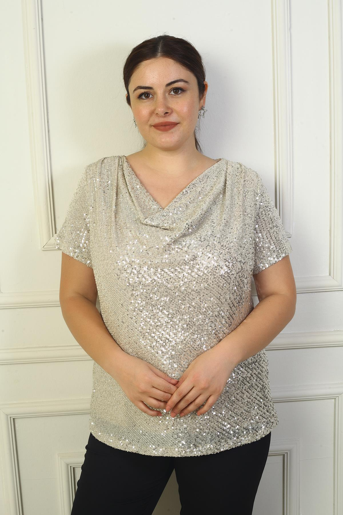 S-24Y0910002Kadın Degaje Yaka Astarlı Pulpayet Büyük Beden Bluz