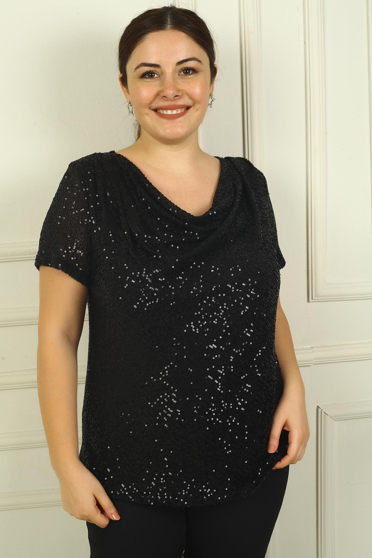 S-24Y0910002Kadın Degaje Yaka Astarlı Pulpayet Büyük Beden Bluz