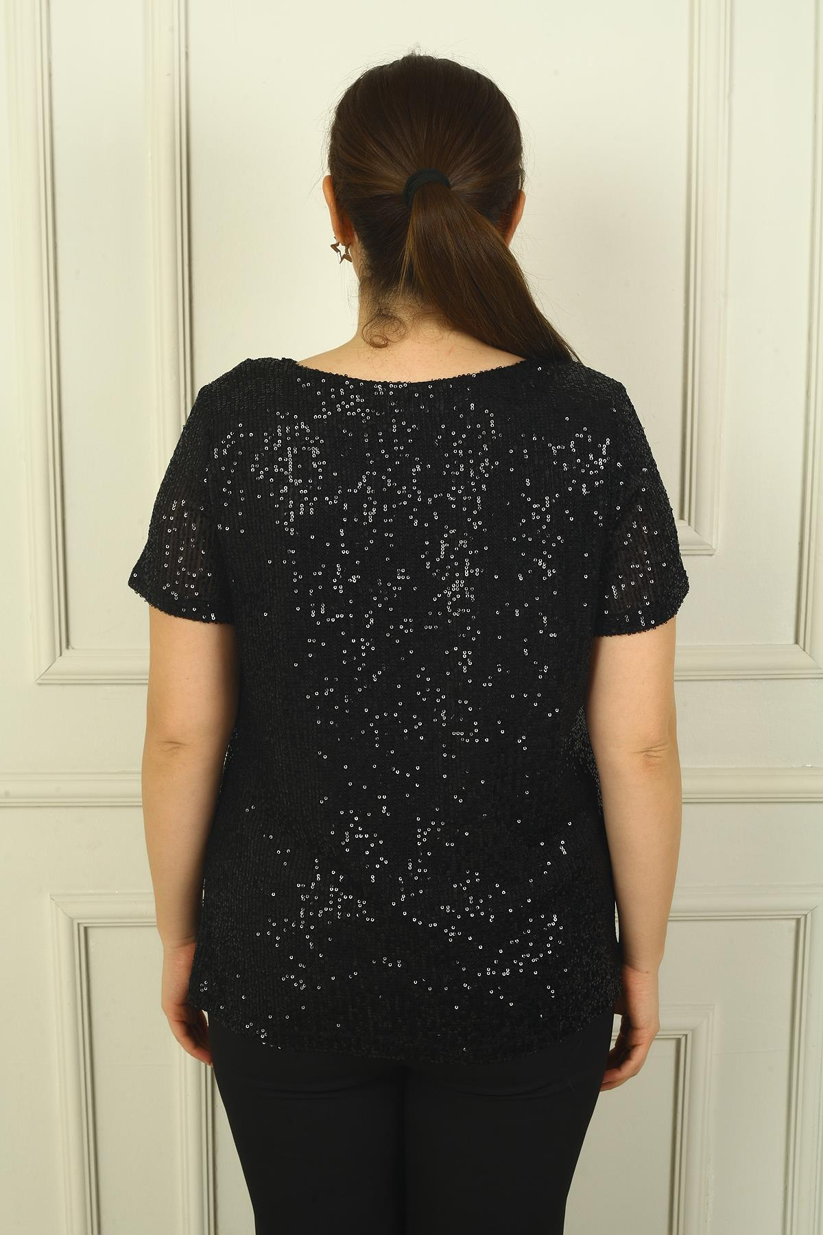 S-24Y0910002Kadın Degaje Yaka Astarlı Pulpayet Büyük Beden Bluz