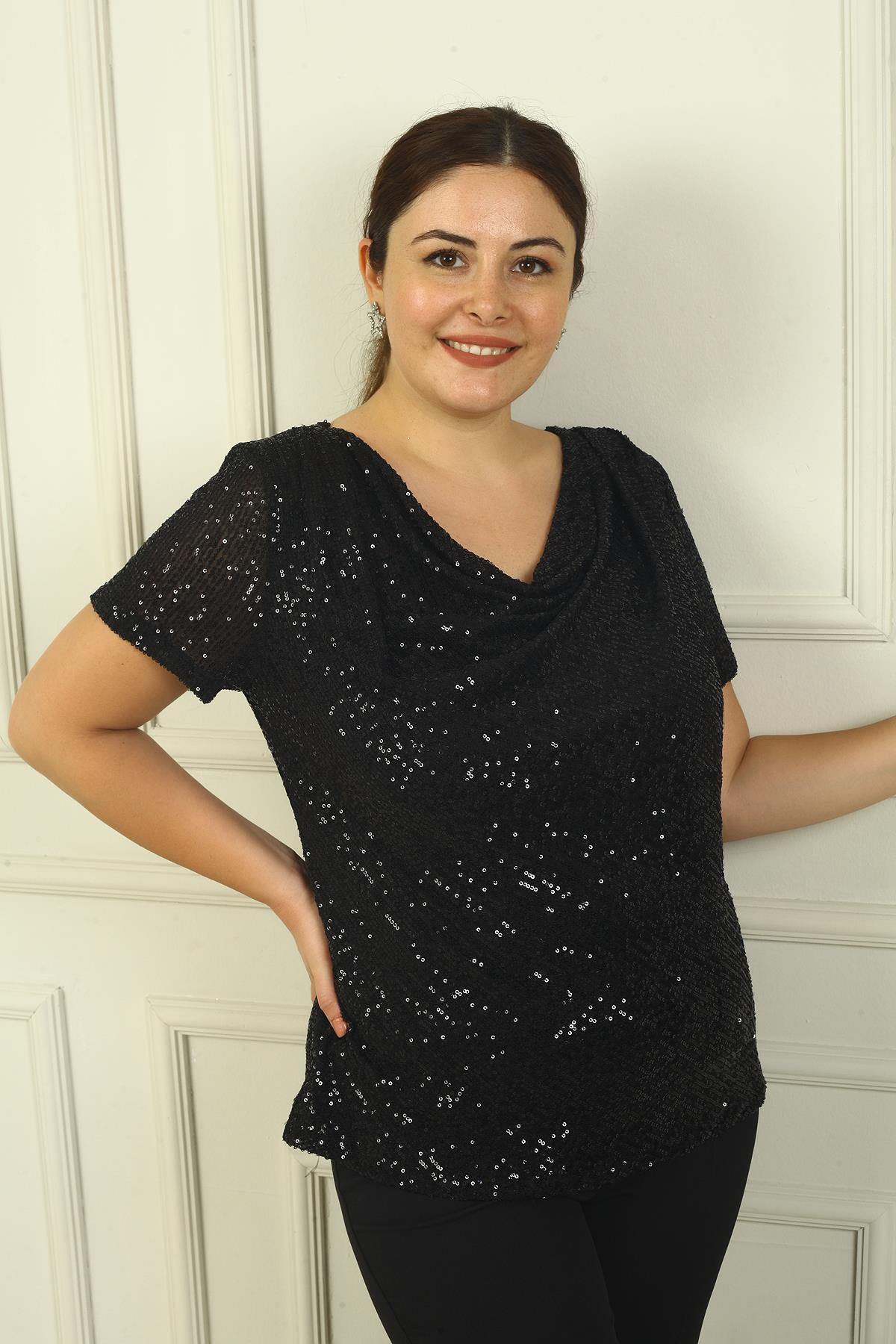 S-24Y0910002Kadın Degaje Yaka Astarlı Pulpayet Büyük Beden Bluz