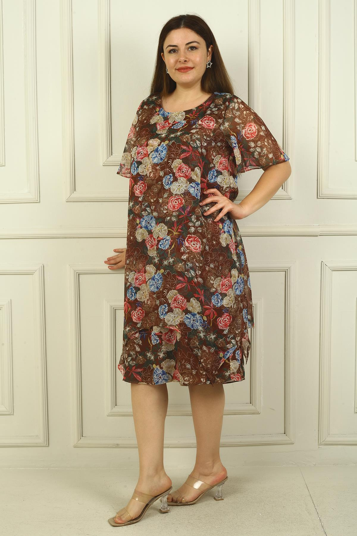 S-24Y0910003Kadın Yuvarlak Yaka Kısa Kollu Astarlı Çift Katlı Çiçekli Büyük Beden Şifon Elbise