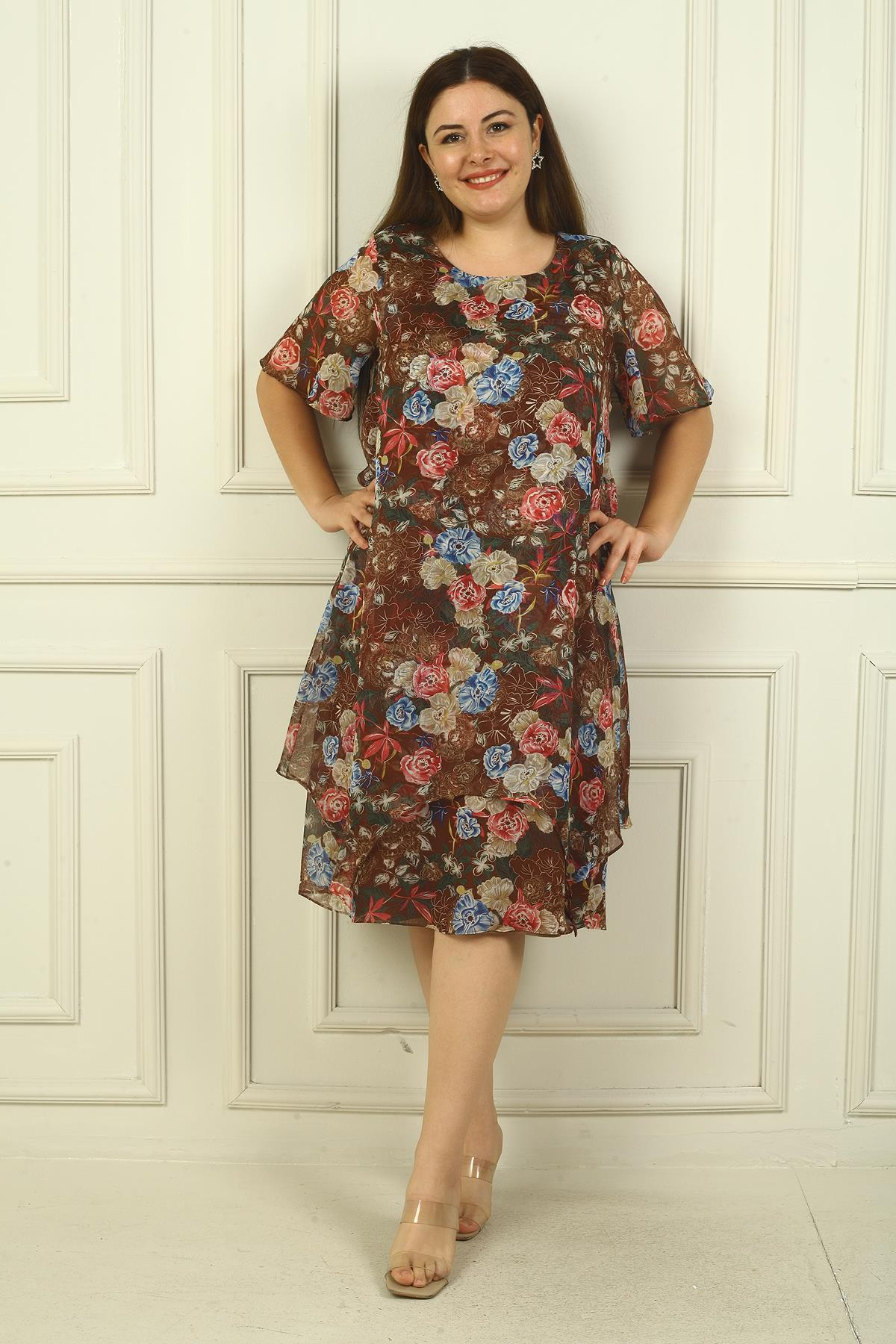 S-24Y0910003Kadın Yuvarlak Yaka Kısa Kollu Astarlı Çift Katlı Çiçekli Büyük Beden Şifon Elbise