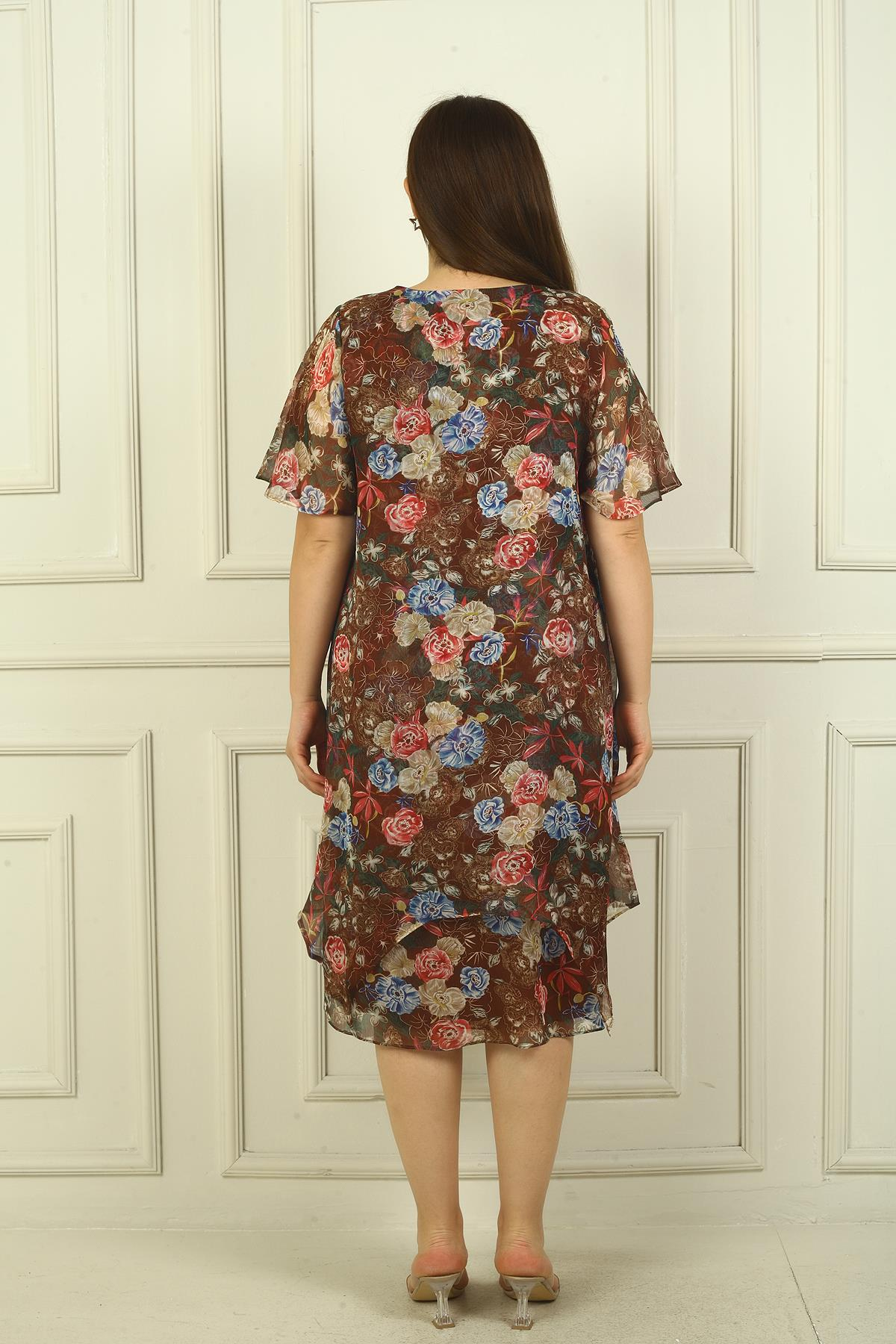 S-24Y0910003Kadın Yuvarlak Yaka Kısa Kollu Astarlı Çift Katlı Çiçekli Büyük Beden Şifon Elbise