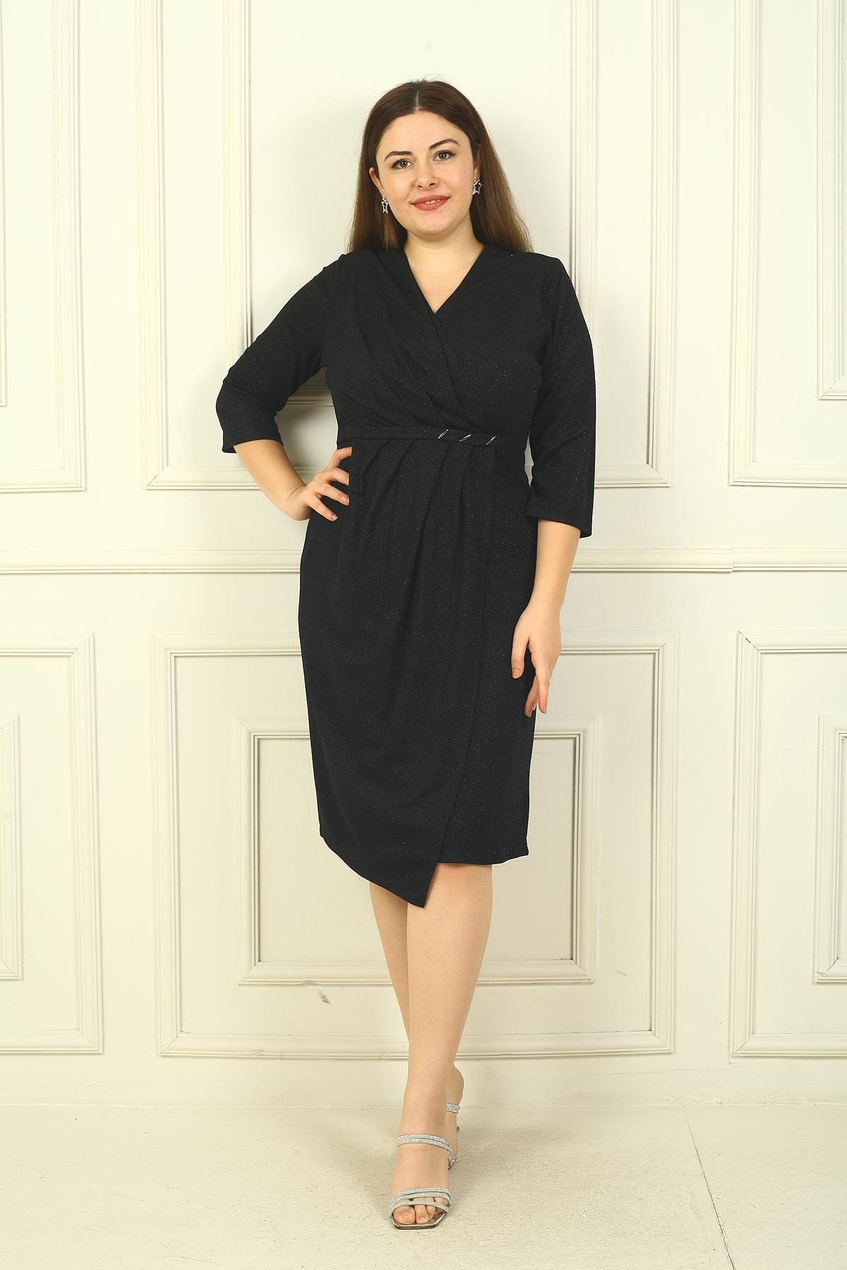 S-24Y0910004Kadın Kruvaze Yaka Uzun Kollu Astarlı Pileli Beli Aksesuar Detaylı Büyük Beden Simli Kısa Elbise